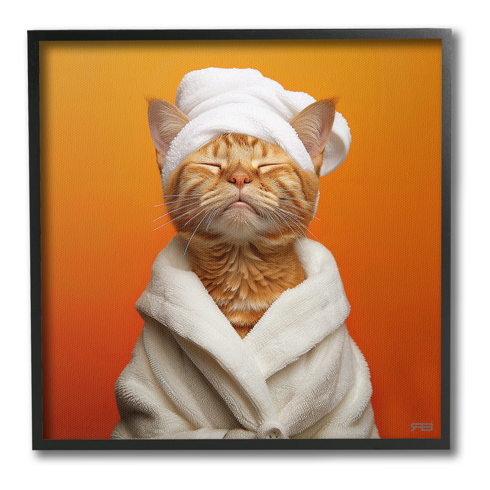Stupell Industries Cat in Bathrobe Animals & Insects Painting Black Framed Art Print Wall Art, 24 x 24