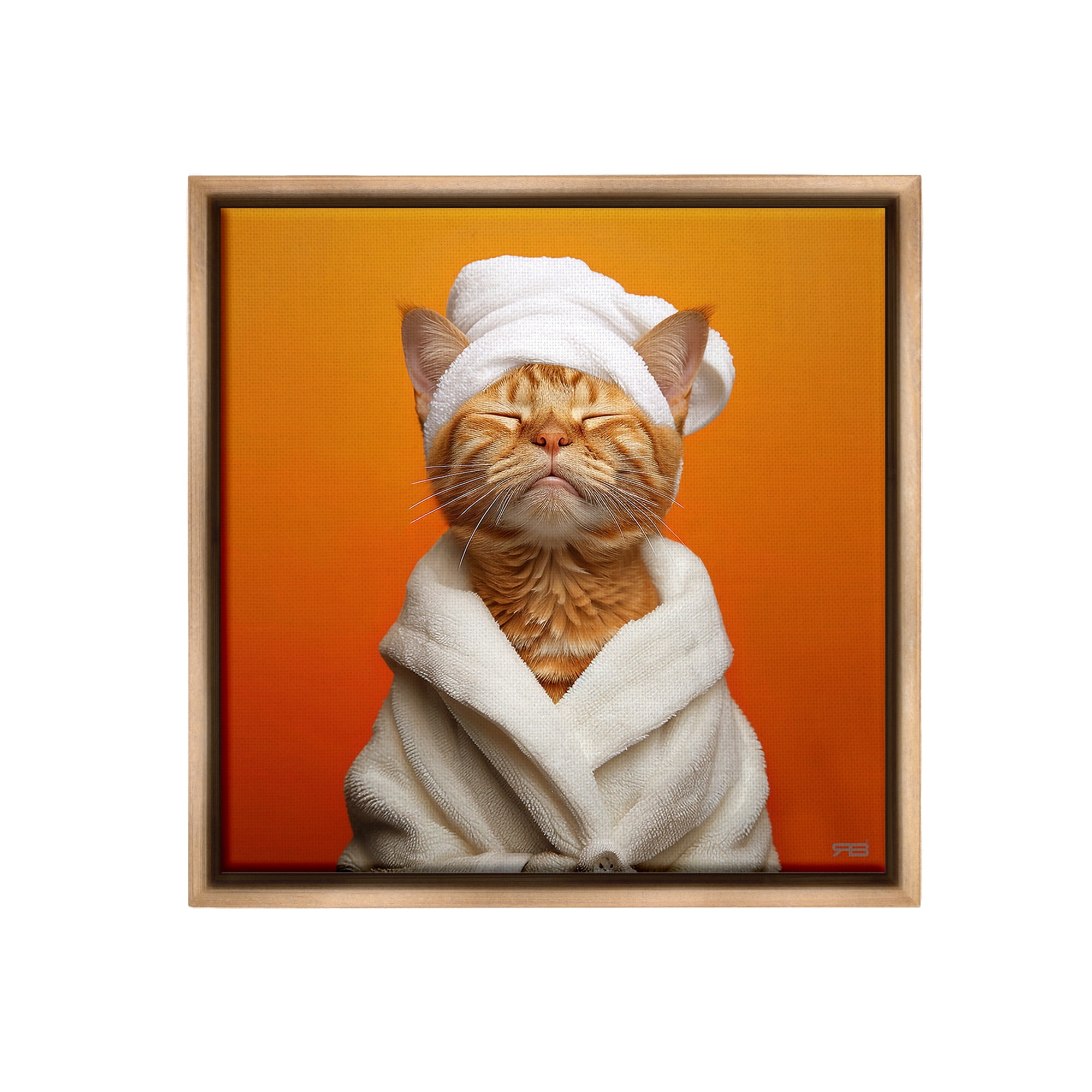Stupell Industries Cat in Bathrobe Animals & Insects Painting Brown Floater Framed Canvas Art Print Wall Art, 18 x 18