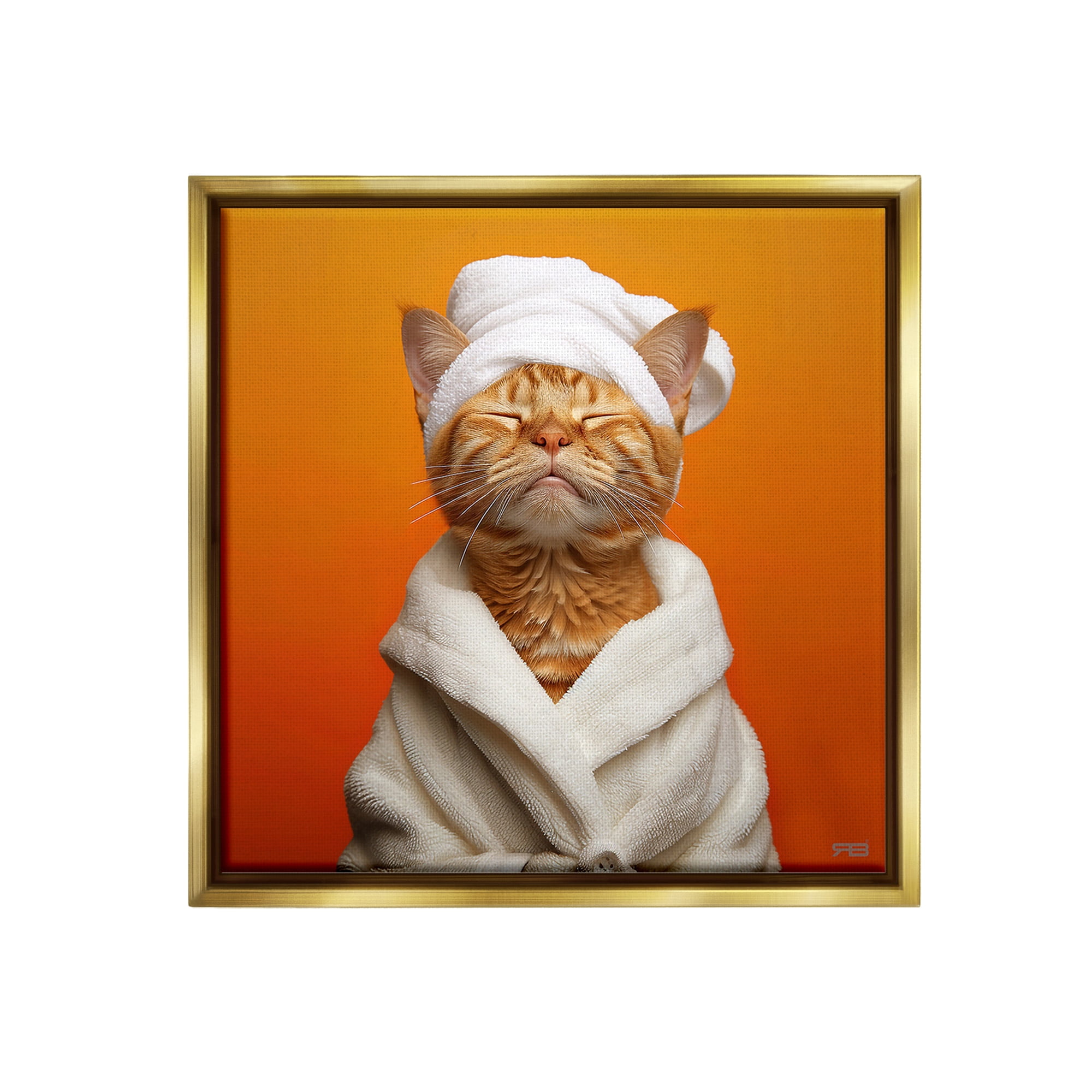 Stupell Industries Cat in Bathrobe Animals & Insects Painting Gold Floater Framed Canvas Art Print Wall Art, 18 x 18