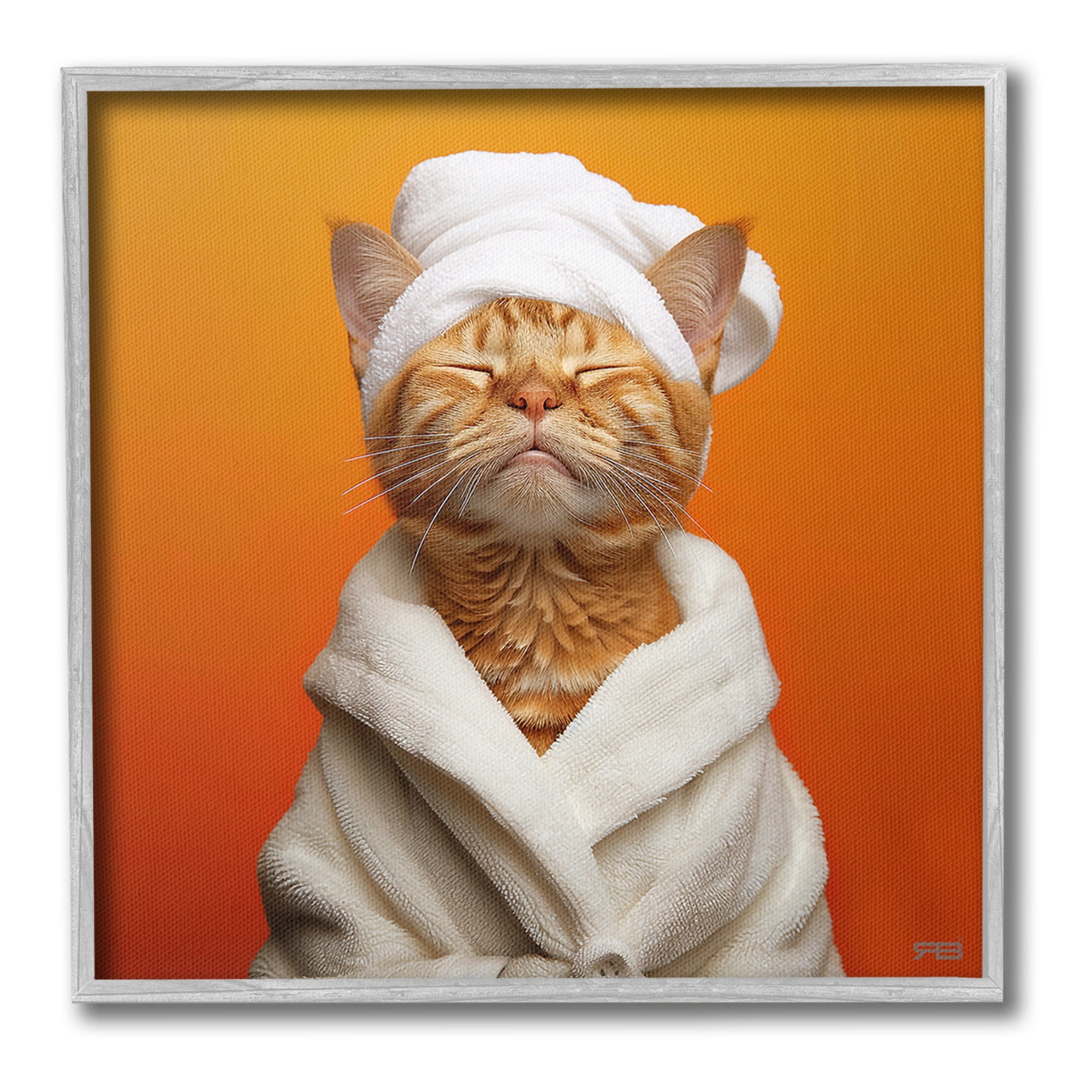 Stupell Industries Cat in Bathrobe Animals & Insects Painting Gray Framed Art Print Wall Art, 12 x 12