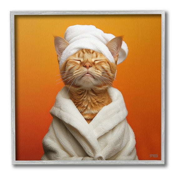 Stupell Industries Cat in Bathrobe Animals & Insects Painting Gray Framed Art Print Wall Art, 17 x 17