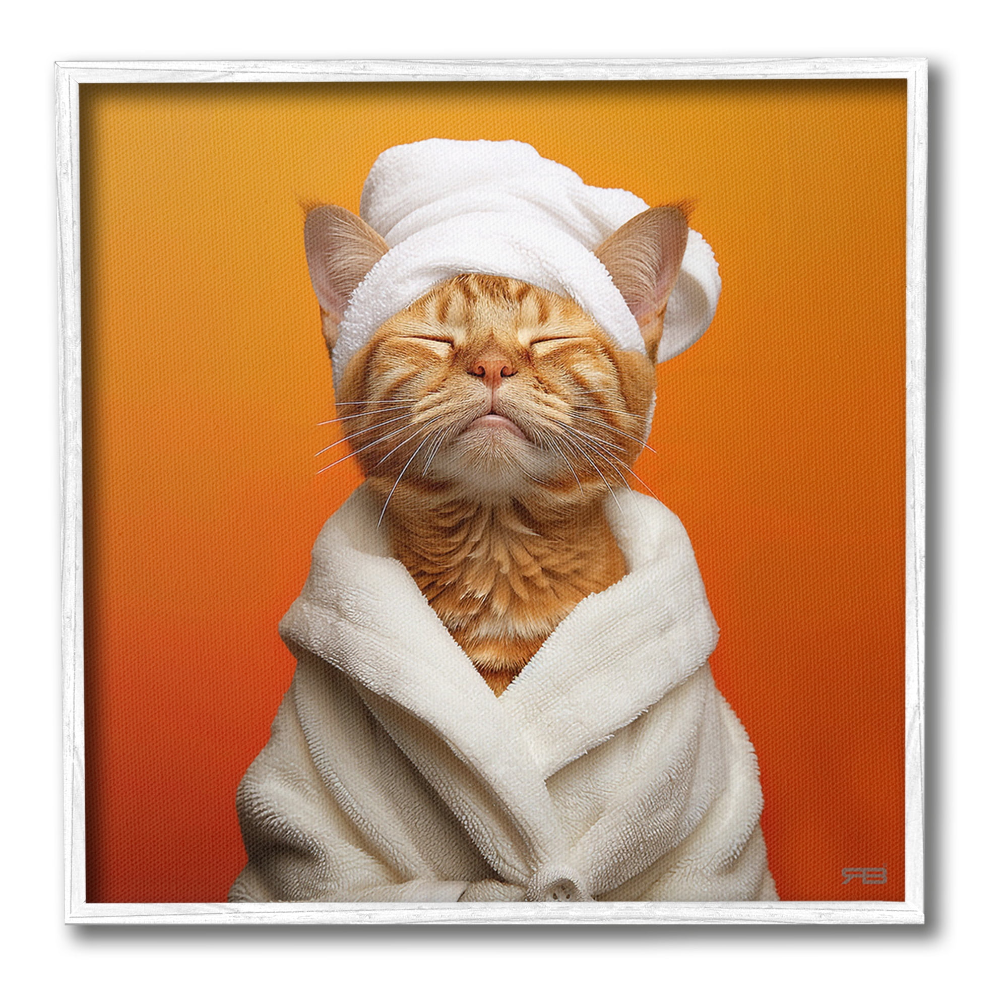 Stupell Industries Cat in Bathrobe Animals & Insects Painting White Framed Art Print Wall Art, 24 x 24