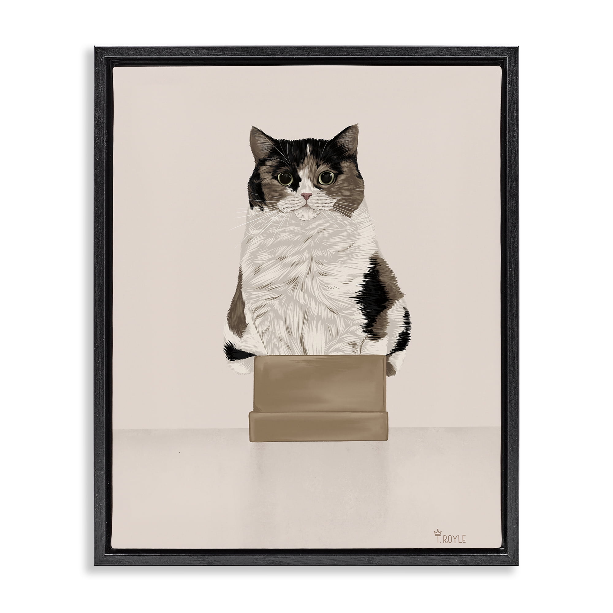 Stupell Industries Cat in Cardboard Box Animals & Insects Painting Black Floater Framed Canvas Art Print Wall Art, 17 x 21
