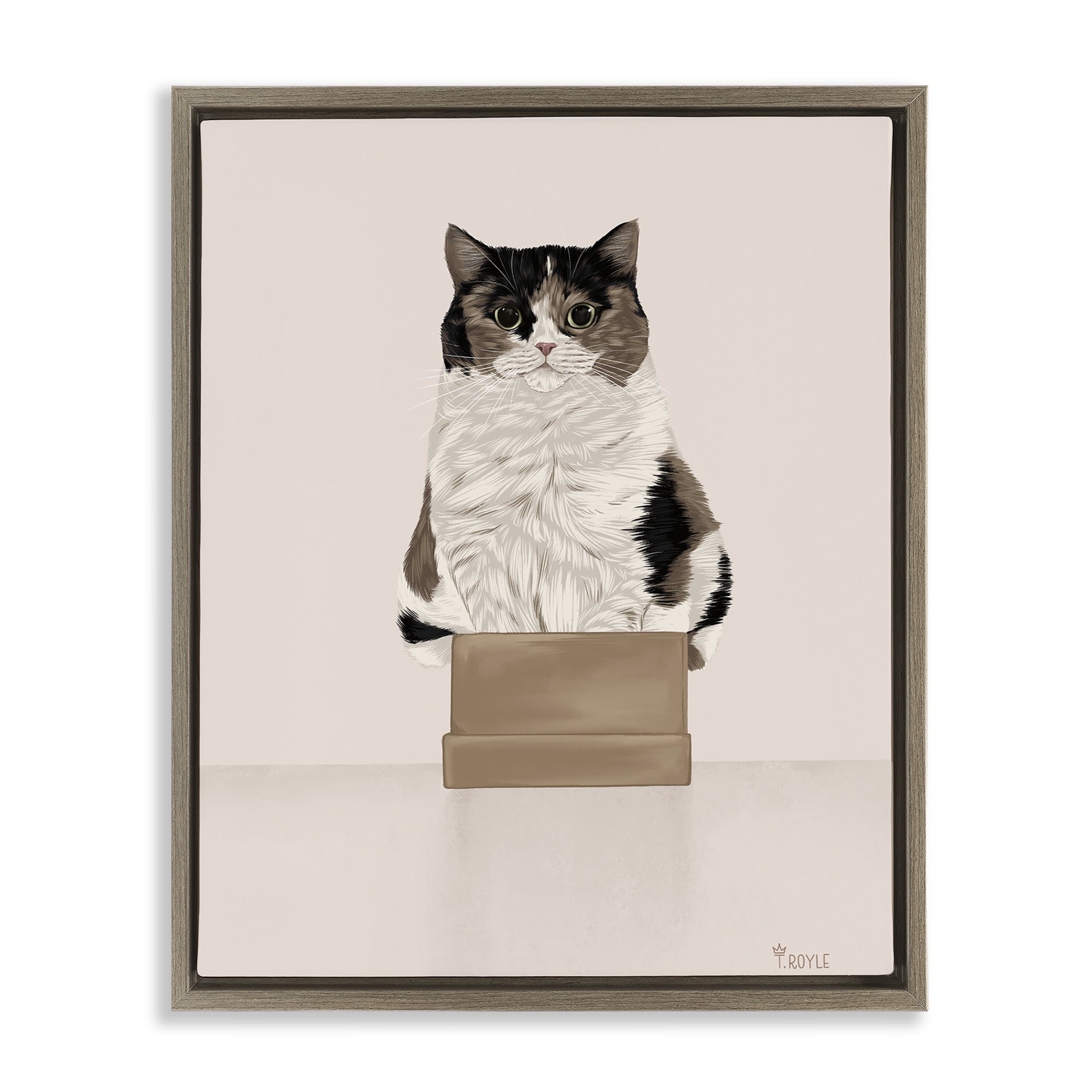 Stupell Industries Cat in Cardboard Box Animals & Insects Painting Brown Floater Framed Canvas Art Print Wall Art, 17 x 21
