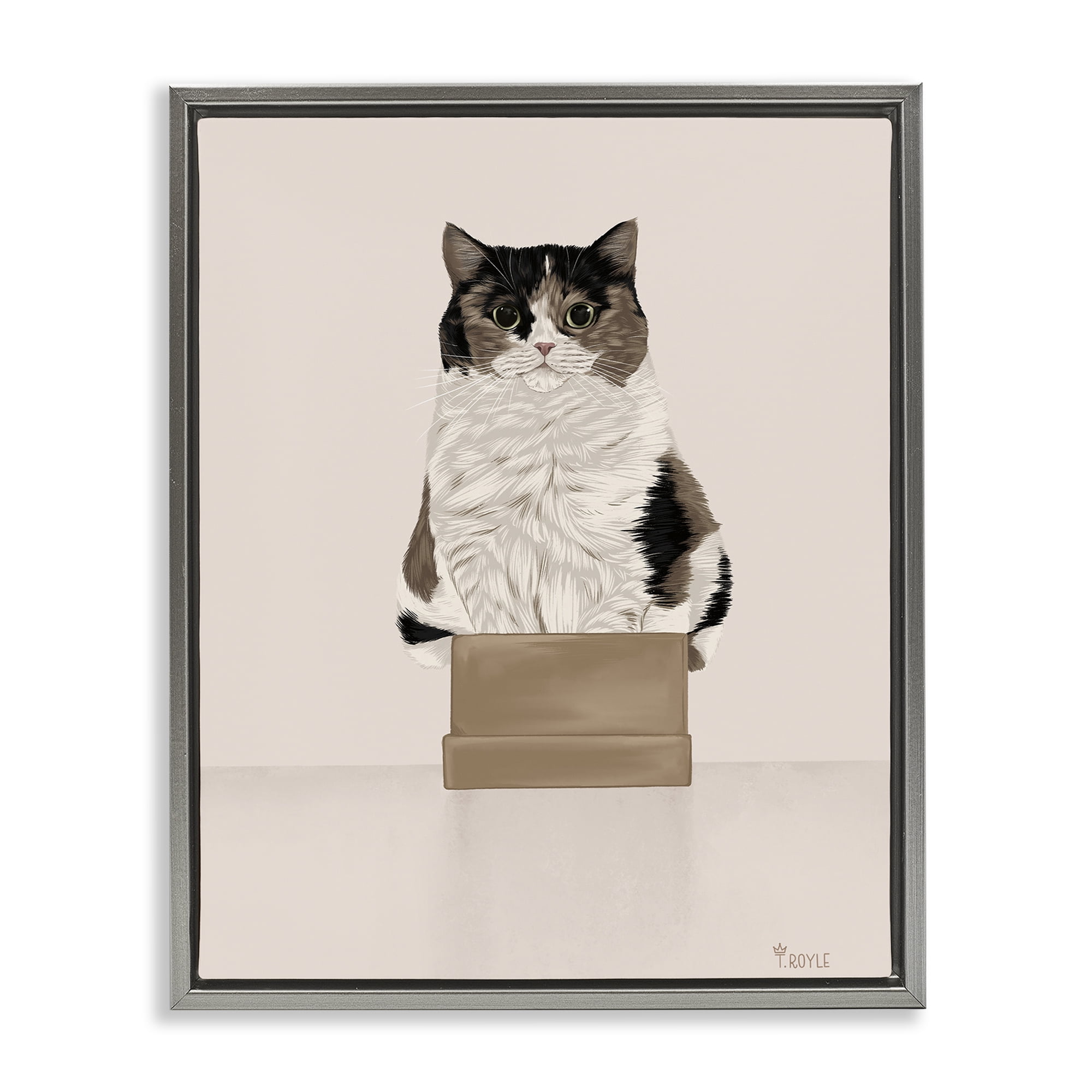 Stupell Industries Cat in Cardboard Box Animals & Insects Painting Gray Floater Framed Canvas Art Print Wall Art, 17 x 21