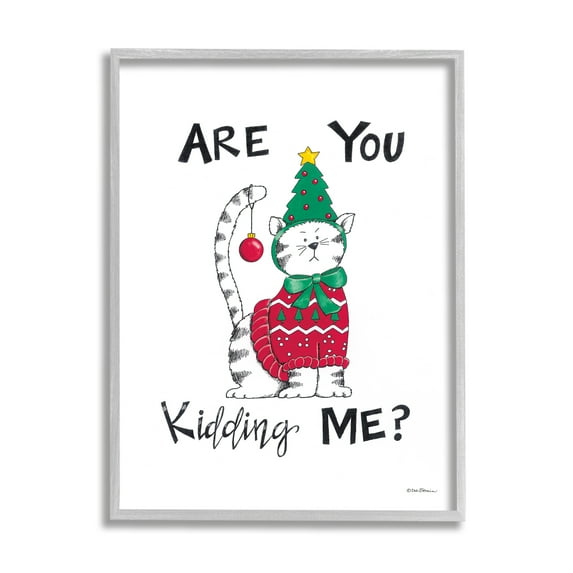 Stupell Industries Cat in Christmas Costume Holiday Painting Gray Framed Art Print Wall Art, 11 x 14