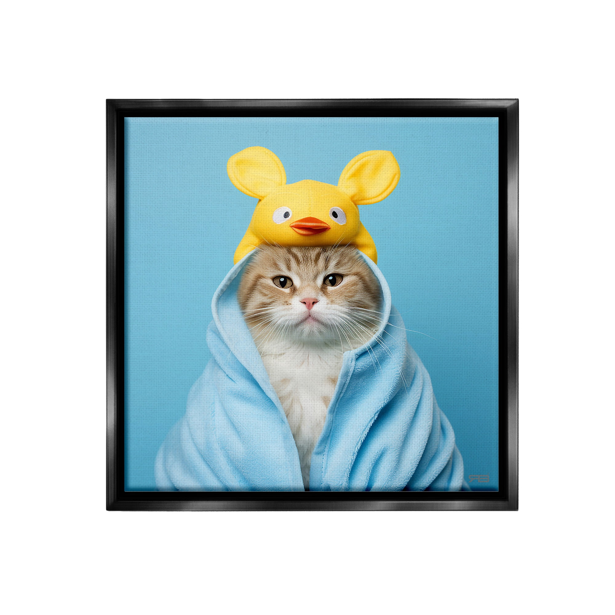 Stupell Industries Cat in Cozy Bathrobe Animals & Insects Painting Black Floater Framed Canvas Art Print Wall Art, 18 x 18