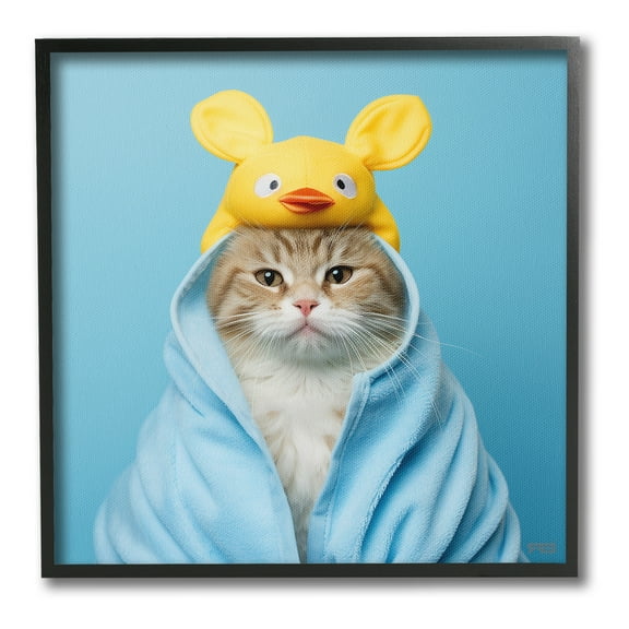 Stupell Industries Cat in Cozy Bathrobe Animals & Insects Painting Black Framed Art Print Wall Art, 12 x 12