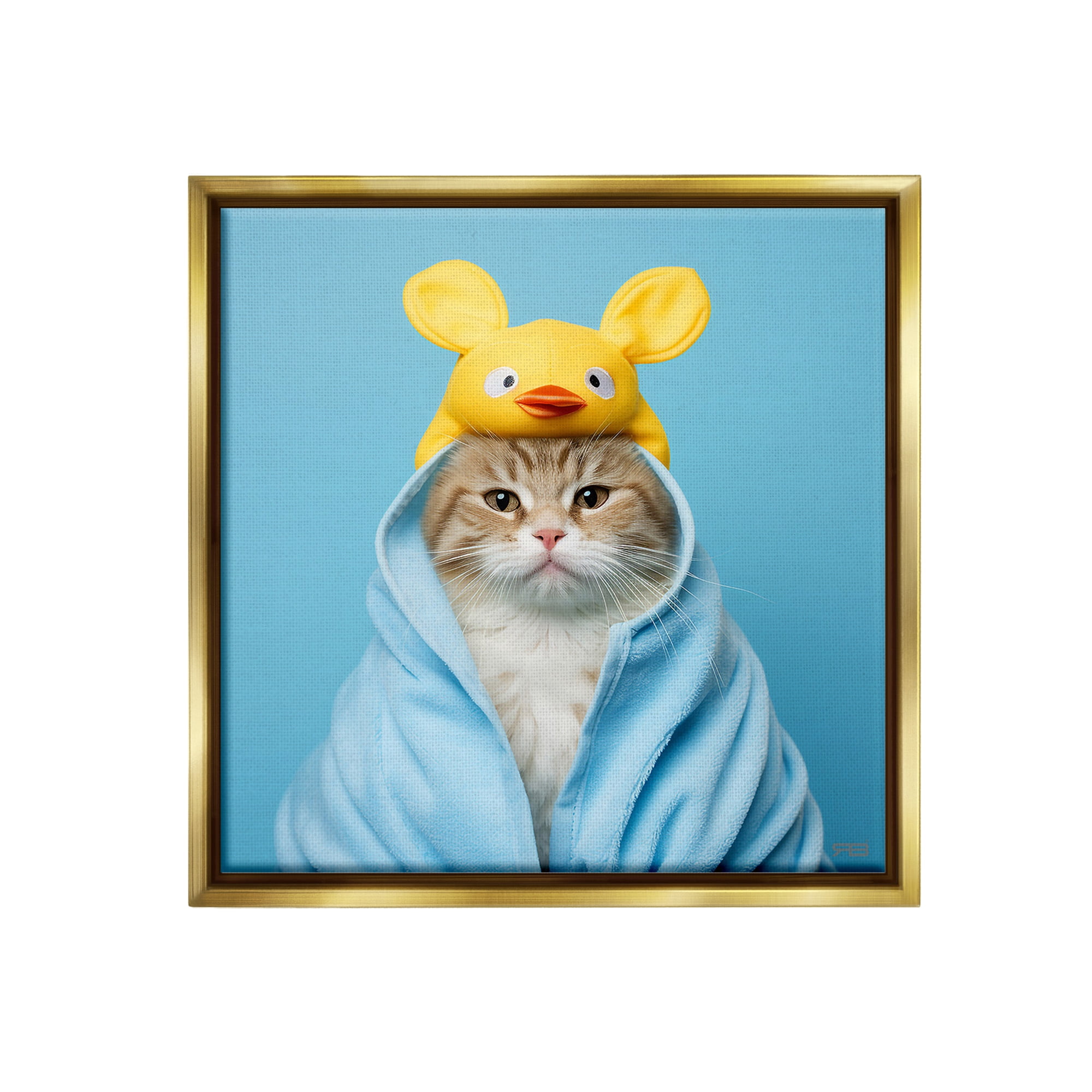 Stupell Industries Cat in Cozy Bathrobe Animals & Insects Painting Gold Floater Framed Canvas Art Print Wall Art, 18 x 18