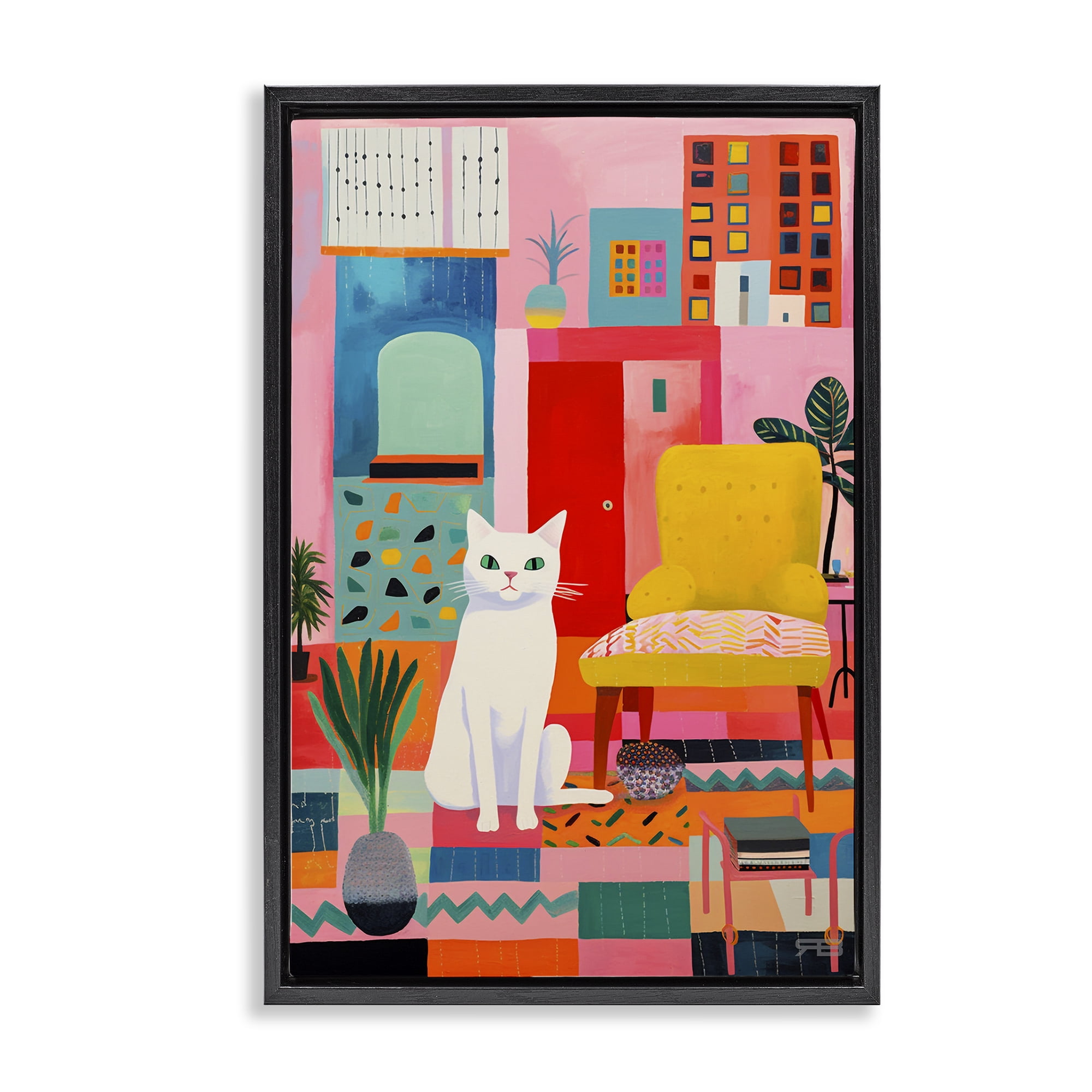 Stupell Industries Cat in Eclectic Interior Animals & Insects Painting Black Floater Framed Canvas Art Print Wall Art, 21 x 31