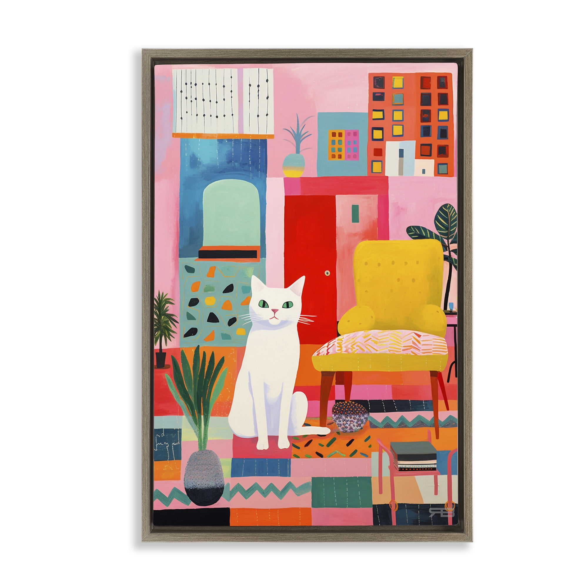 Stupell Industries Cat in Eclectic Interior Animals & Insects Painting Brown Floater Framed Canvas Art Print Wall Art, 17 x 25