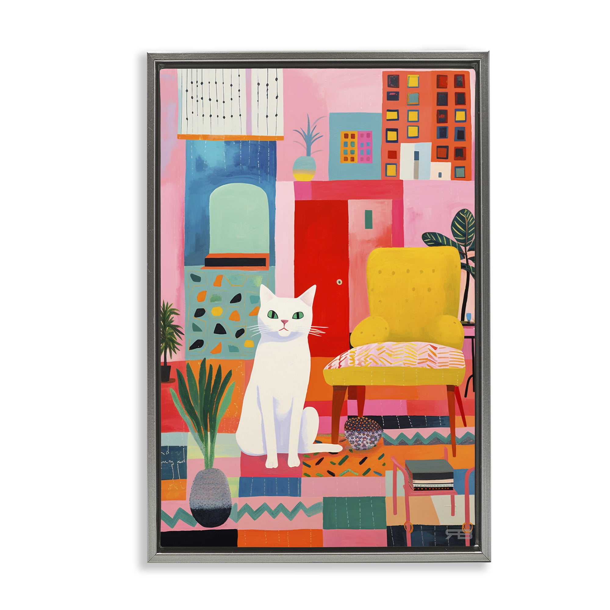 Stupell Industries Cat in Eclectic Interior Animals & Insects Painting Gray Floater Framed Canvas Art Print Wall Art, 21 x 31