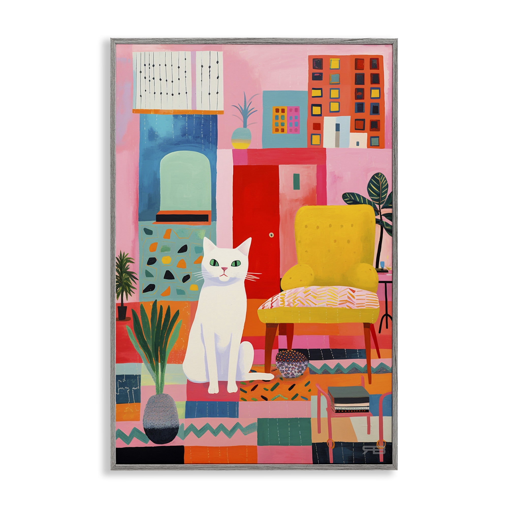 Stupell Industries Cat in Eclectic Interior Animals & Insects Painting Gray Framed Art Print Wall Art, 20 x 30