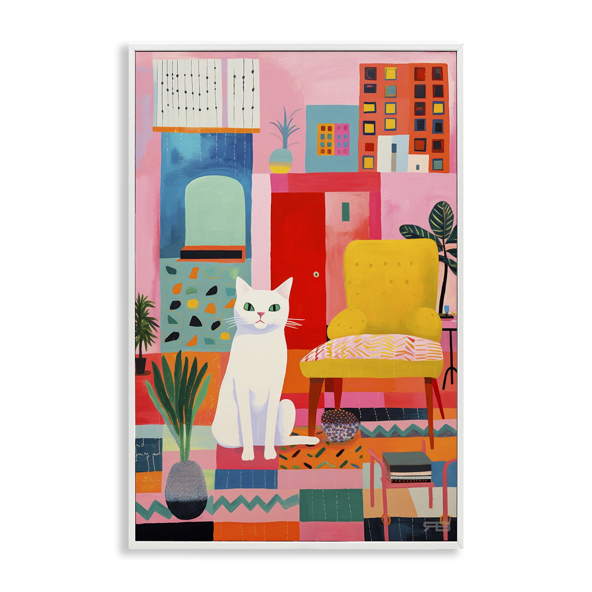 Stupell Industries Cat in Eclectic Interior Animals & Insects Painting White Framed Art Print Wall Art, 12 x 18