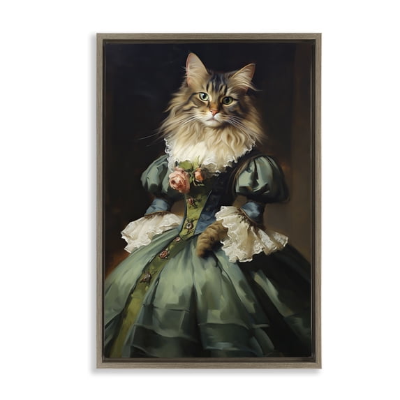 Stupell Industries Cat in Elegant Dress Animals Painting Brown Floater Framed Canvas Art Print Wall Art, 21 x 31