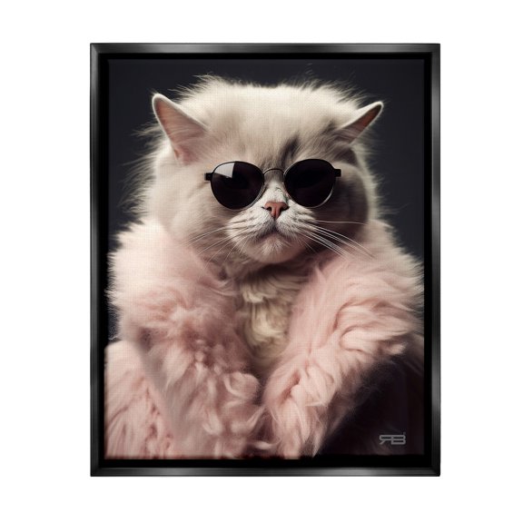 Stupell Industries Cat in Fur Jacket Animals & Insects Painting Black Floater Framed Canvas Art Print Wall Art, 17 x 21