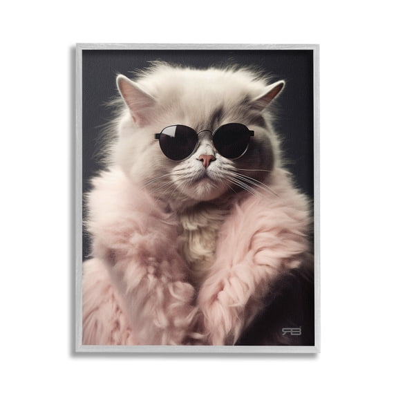 Stupell Industries Cat in Fur Jacket Animals & Insects Painting Gray Framed Art Print Wall Art, 16 x 20