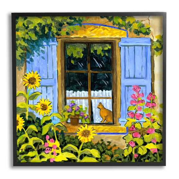Stupell Industries Cat in Garden Window Animals & Insects Painting Black Framed Art Print Wall Art, 17 x 17