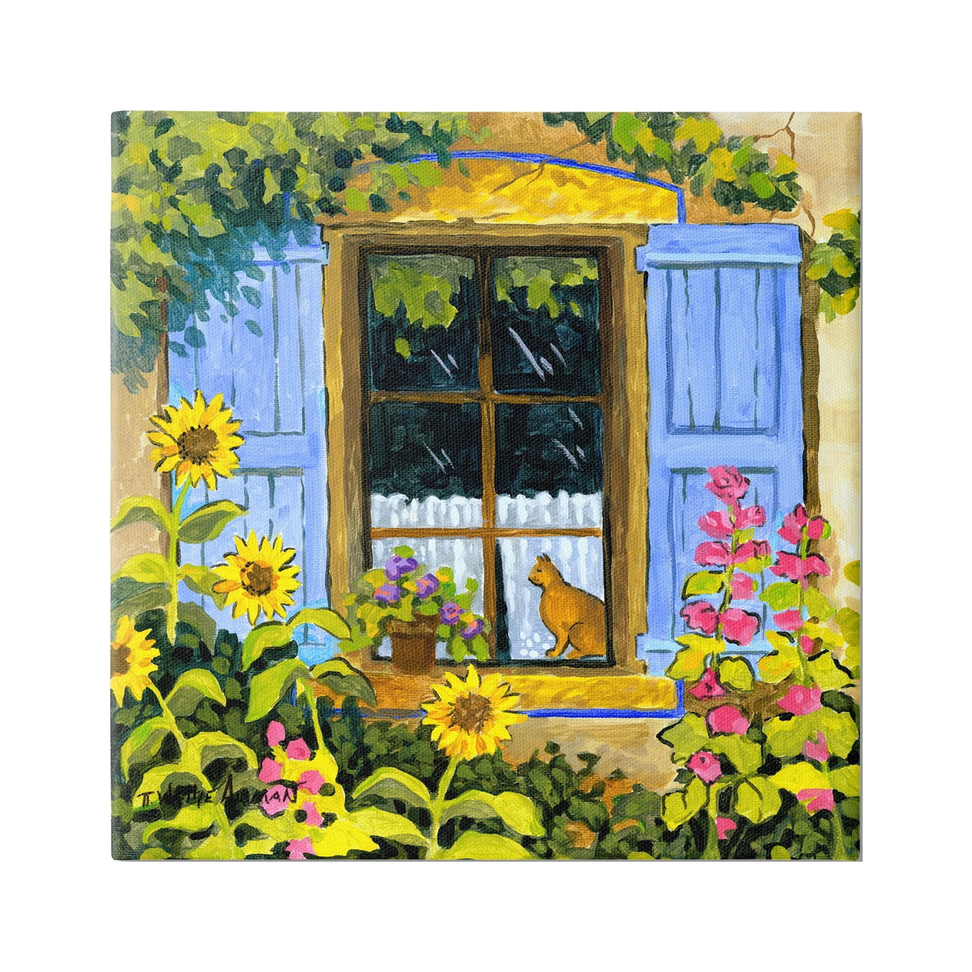 Stupell Industries Cat in Garden Window Animals & Insects Painting Gallery Wrapped Canvas Print Wall Art, 17 x 17