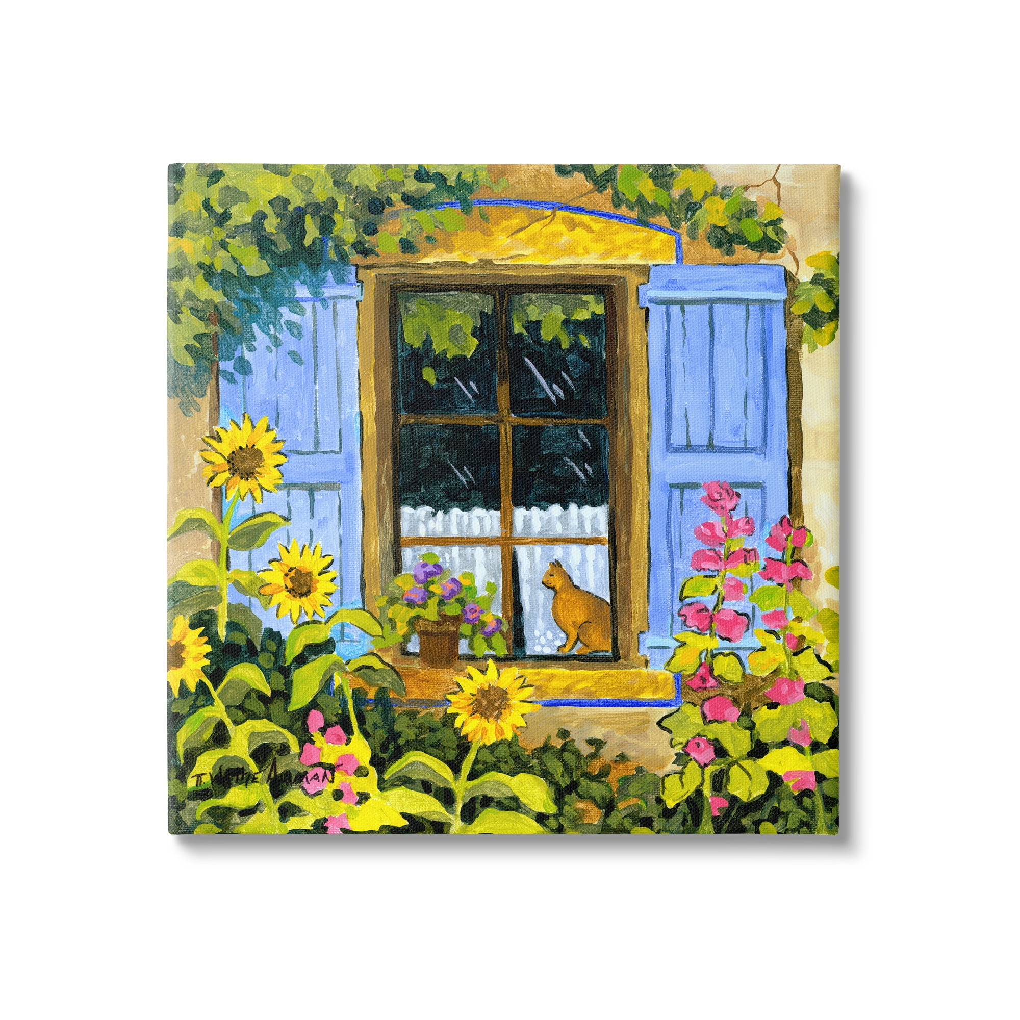 Stupell Industries Cat in Garden Window Animals & Insects Painting Gallery Wrapped Canvas Print Wall Art, 24 x 24