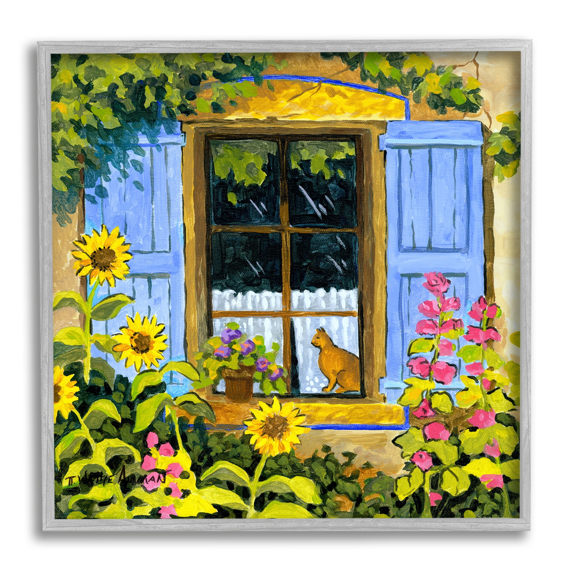 Stupell Industries Cat in Garden Window Animals & Insects Painting Gray Framed Art Print Wall Art, 12 x 12