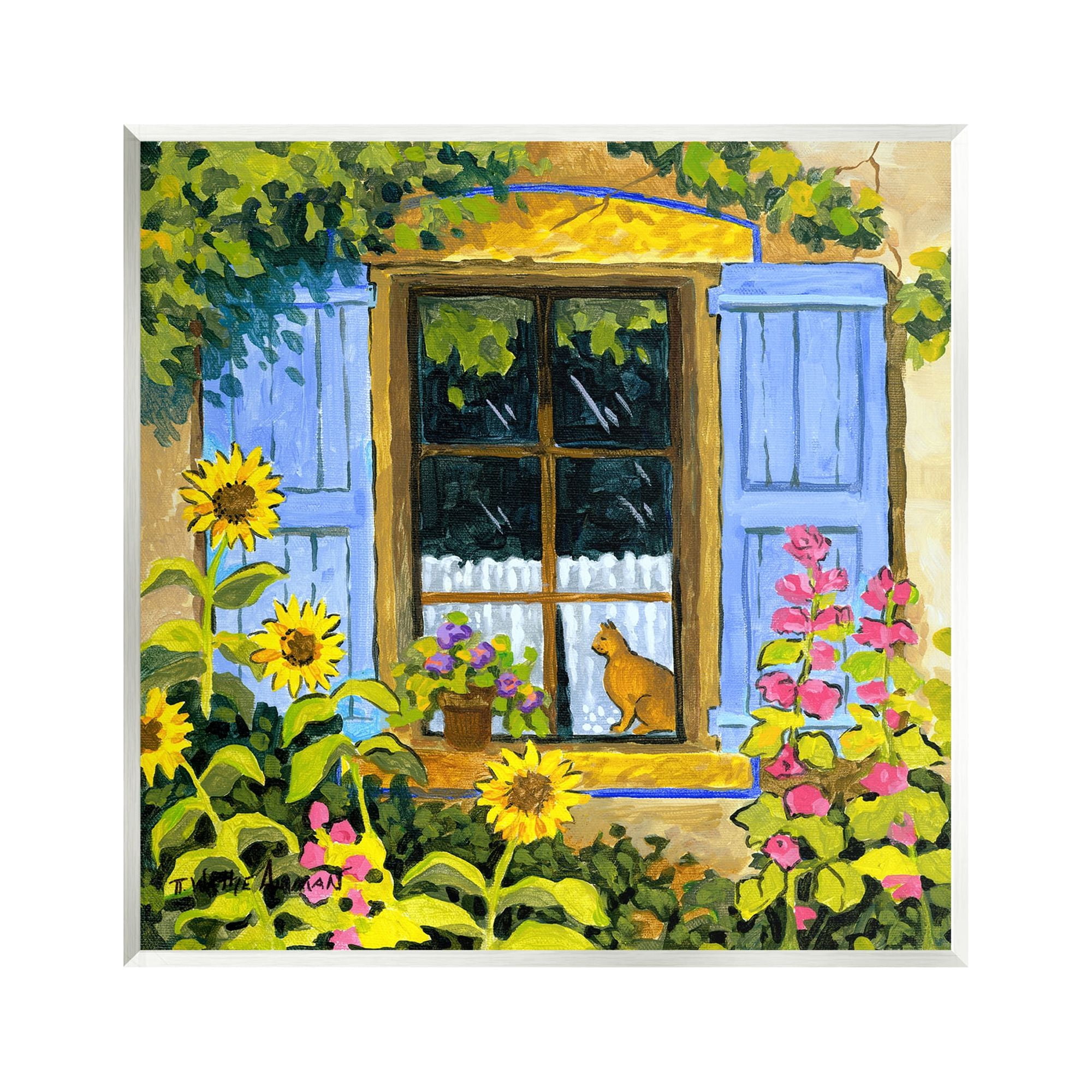 Stupell Industries Cat in Garden Window Animals & Insects Painting Unframed Art Print Wall Art, 12 x 12