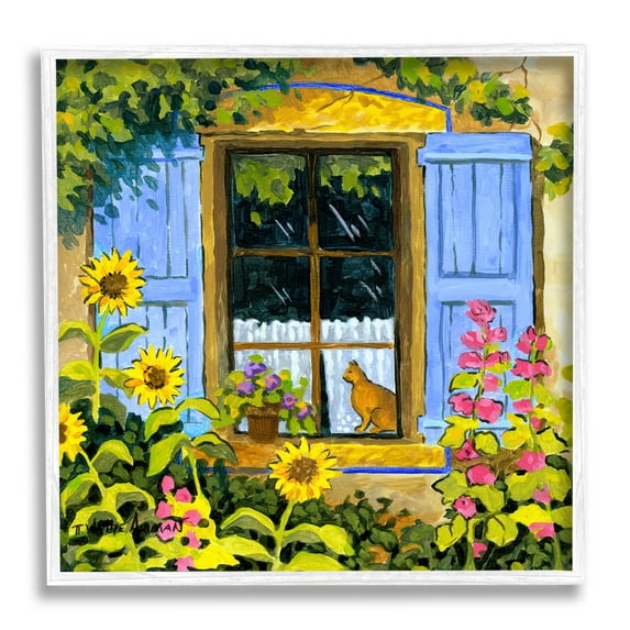 Stupell Industries Cat in Garden Window Animals & Insects Painting White Framed Art Print Wall Art, 17 x 17