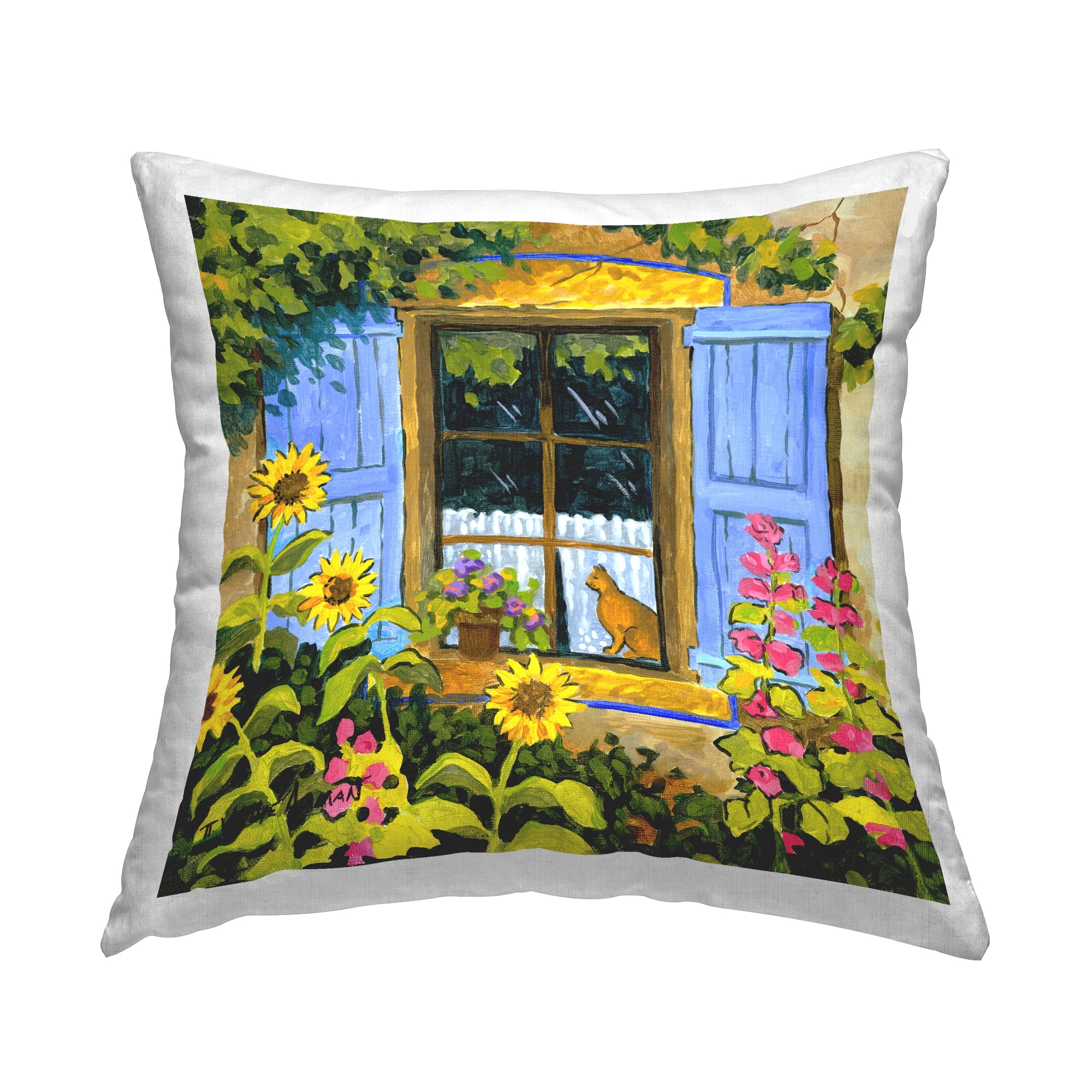 Stupell Industries Cat in Garden Window Square Decorative Printed Throw Pillow, 18 x 18