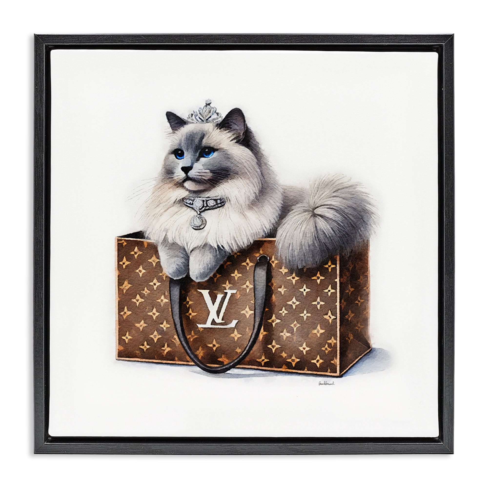 Stupell Industries Cat in Glam Purse Animals Painting Black Floater Framed Canvas Art Print Wall Art, 25 x 25
