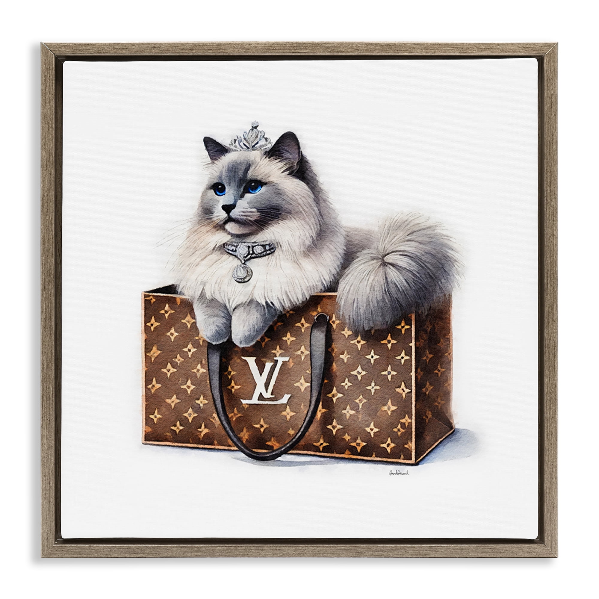 Stupell Industries Cat in Glam Purse Animals Painting Brown Floater Framed Canvas Art Print Wall Art, 25 x 25