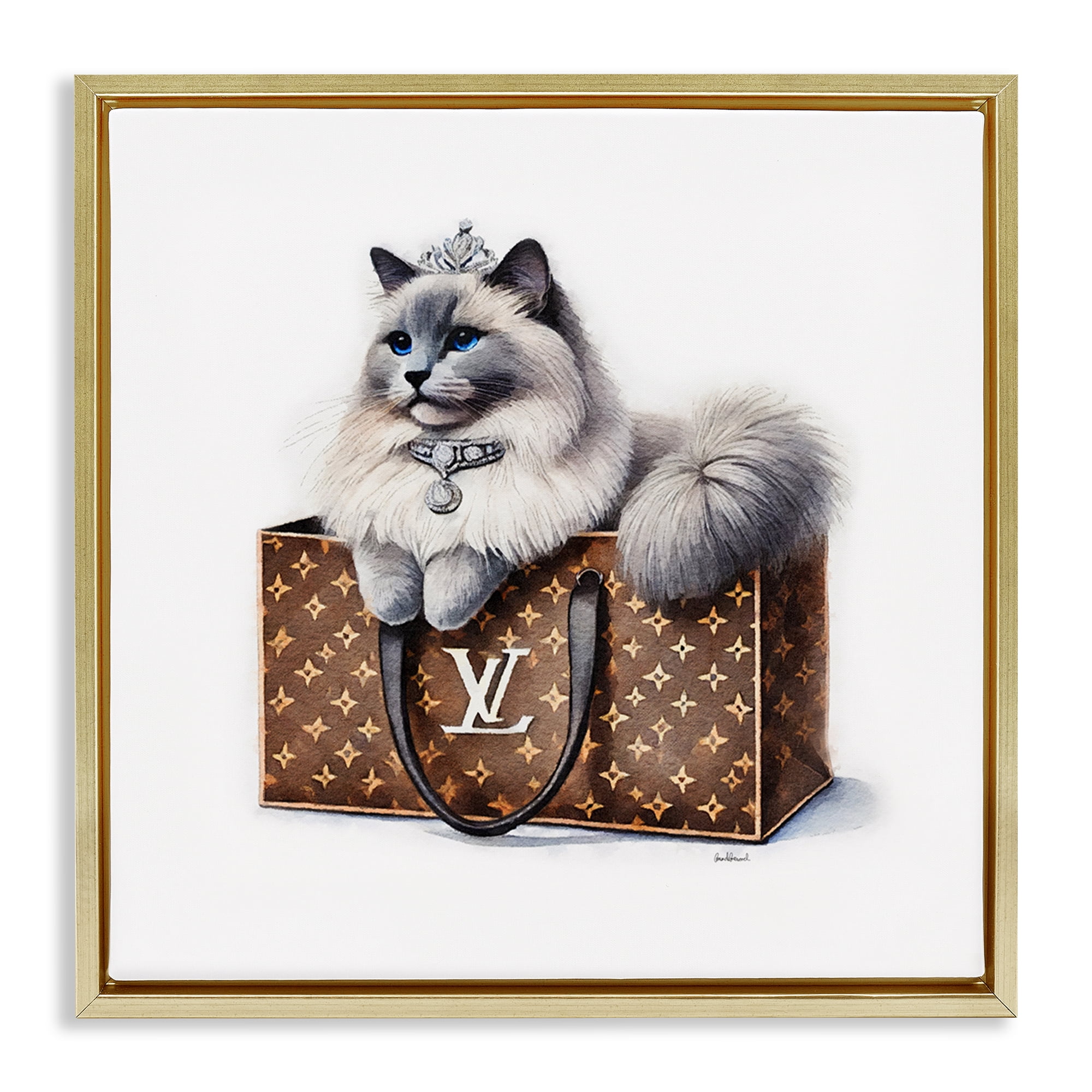Stupell Industries Cat in Glam Purse Animals Painting Gold Floater Framed Canvas Art Print Wall Art, 25 x 25