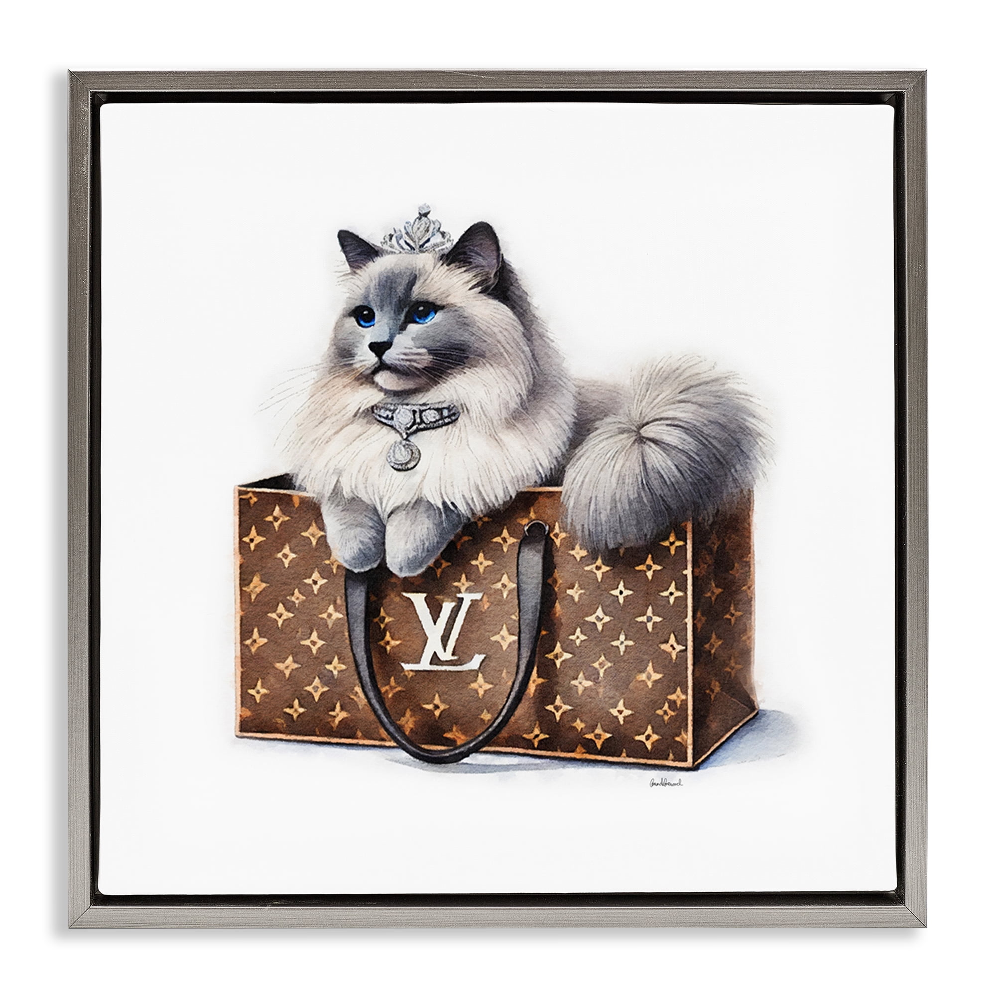 Stupell Industries Cat in Glam Purse Animals Painting Gray Floater Framed Canvas Art Print Wall Art, 25 x 25