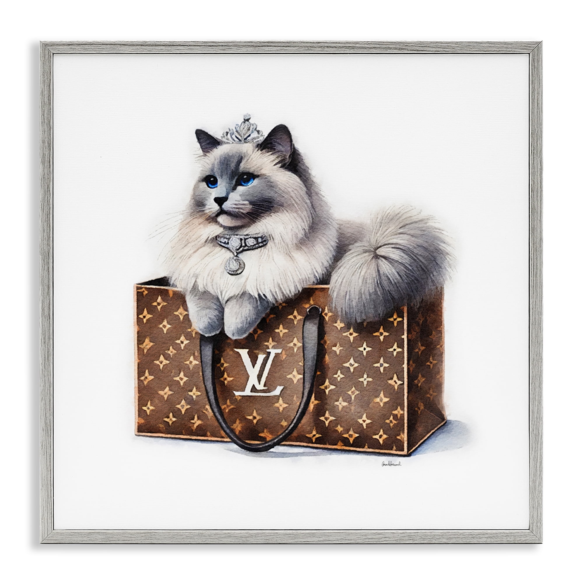 Stupell Industries Cat in Glam Purse Animals Painting Gray Framed Art Print Wall Art, 24 x 24