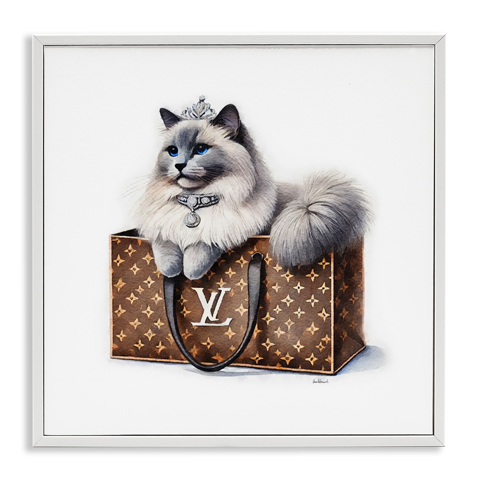 Stupell Industries Cat in Glam Purse Animals Painting White Framed Art Print Wall Art, 12 x 12