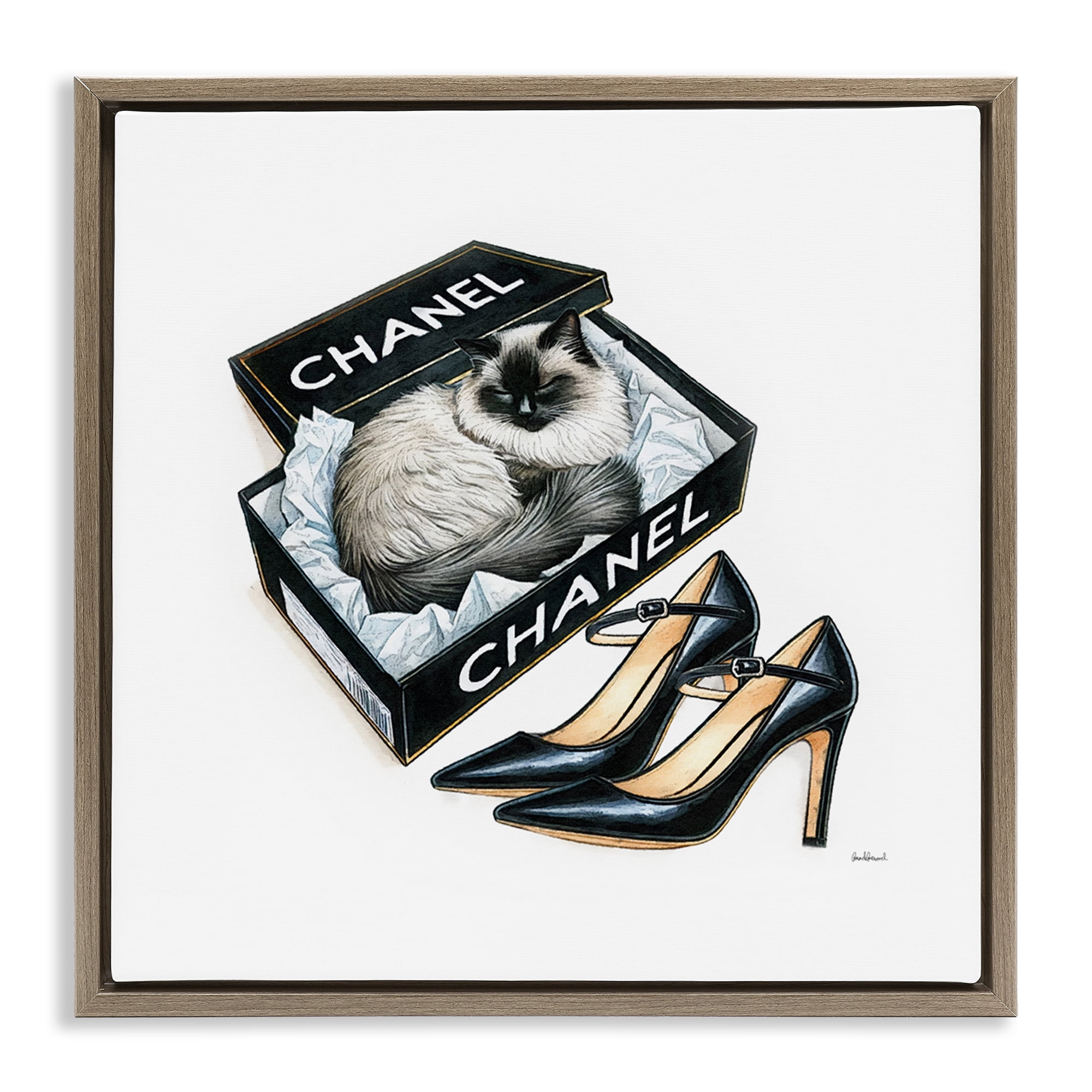 Stupell Industries Cat in Glam Shoebox Animals Painting Brown Floater Framed Canvas Art Print Wall Art, 25 x 25