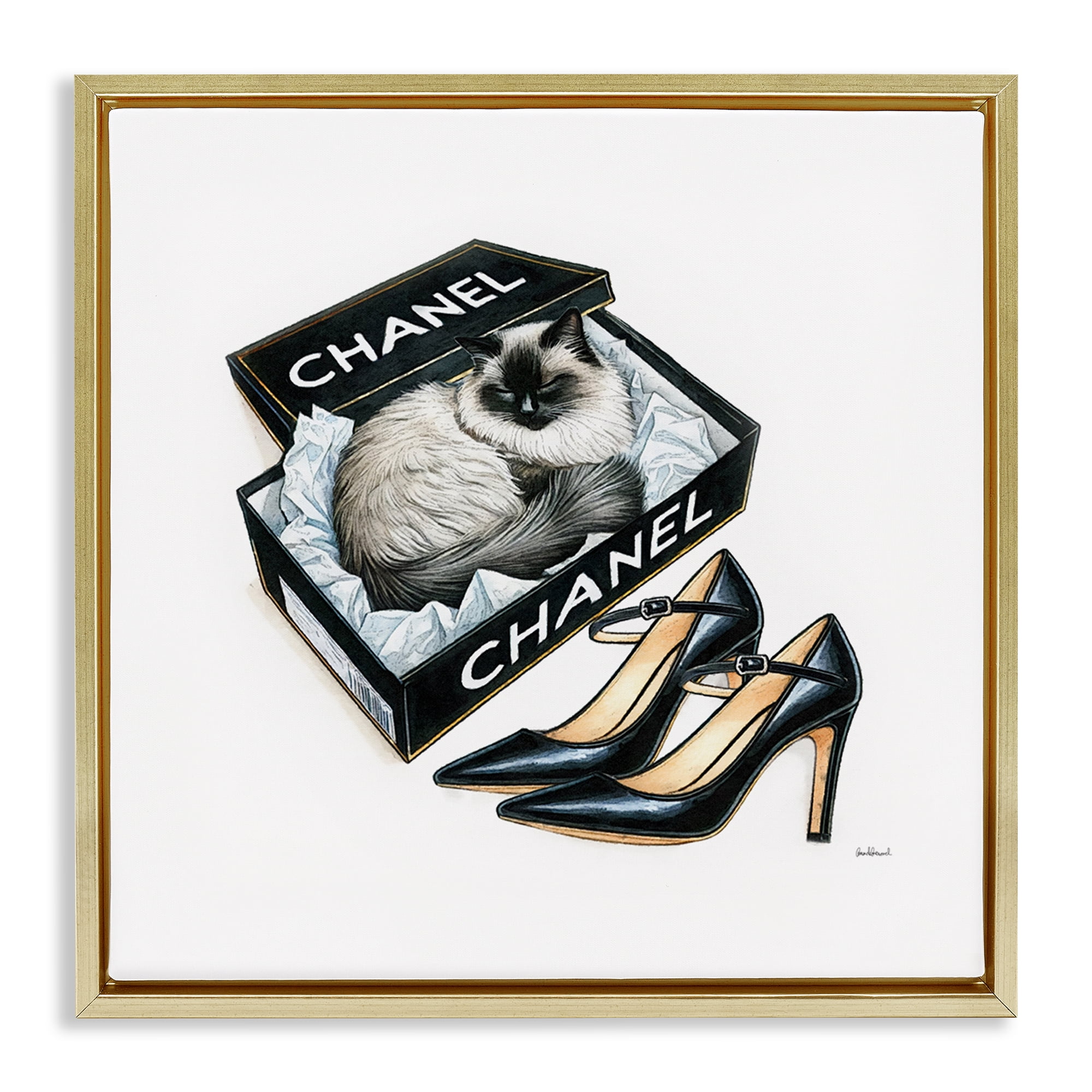 Stupell Industries Cat in Glam Shoebox Animals Painting Gold Floater Framed Canvas Art Print Wall Art, 18 x 18