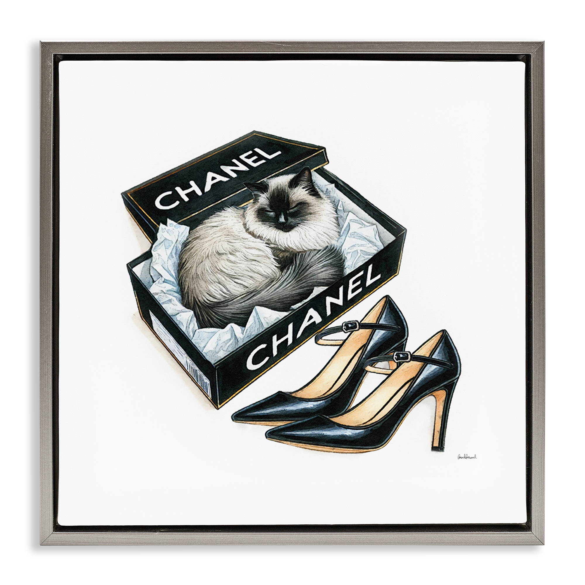 Stupell Industries Cat in Glam Shoebox Animals Painting Gray Floater Framed Canvas Art Print Wall Art, 18 x 18