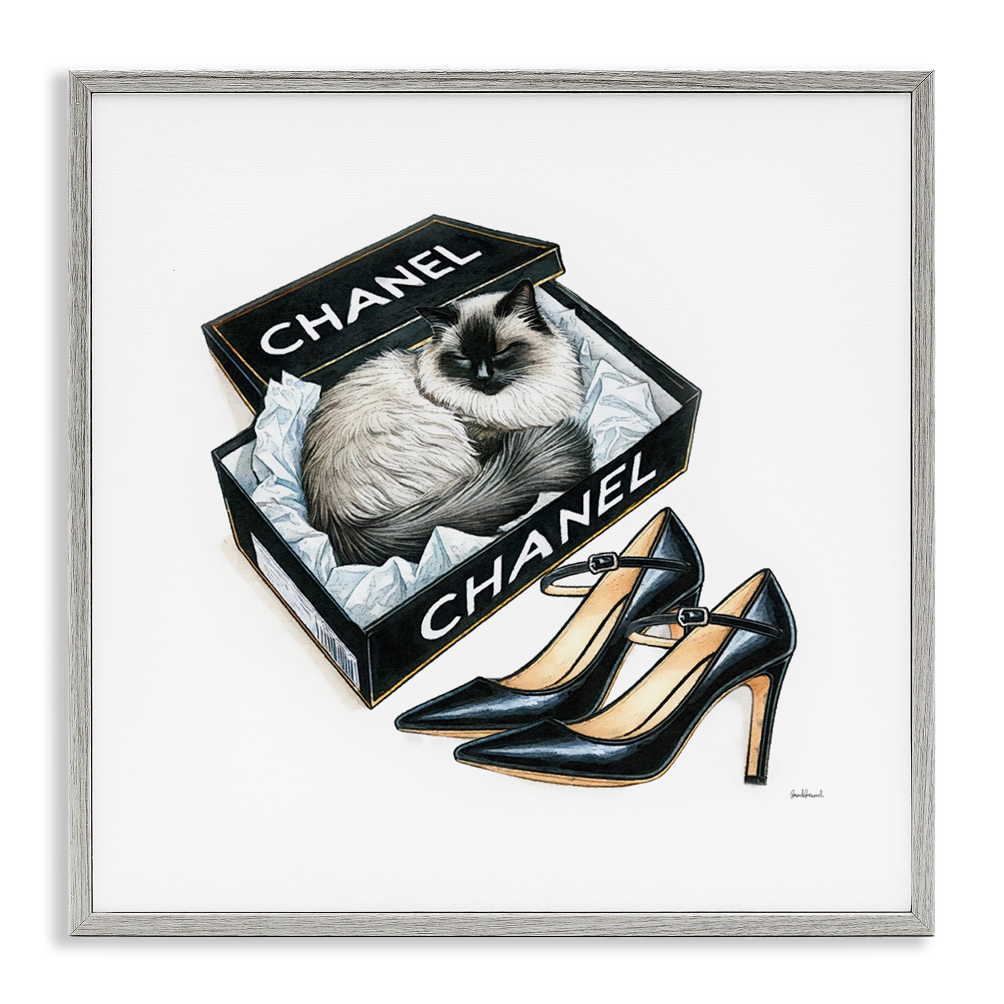Stupell Industries Cat in Glam Shoebox Animals Painting Gray Framed Art Print Wall Art, 12 x 12