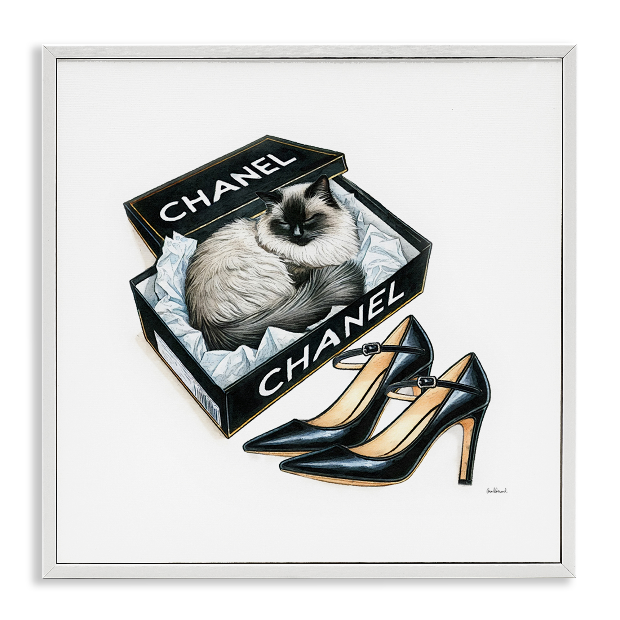 Stupell Industries Cat in Glam Shoebox Animals Painting White Framed Art Print Wall Art, 24 x 24