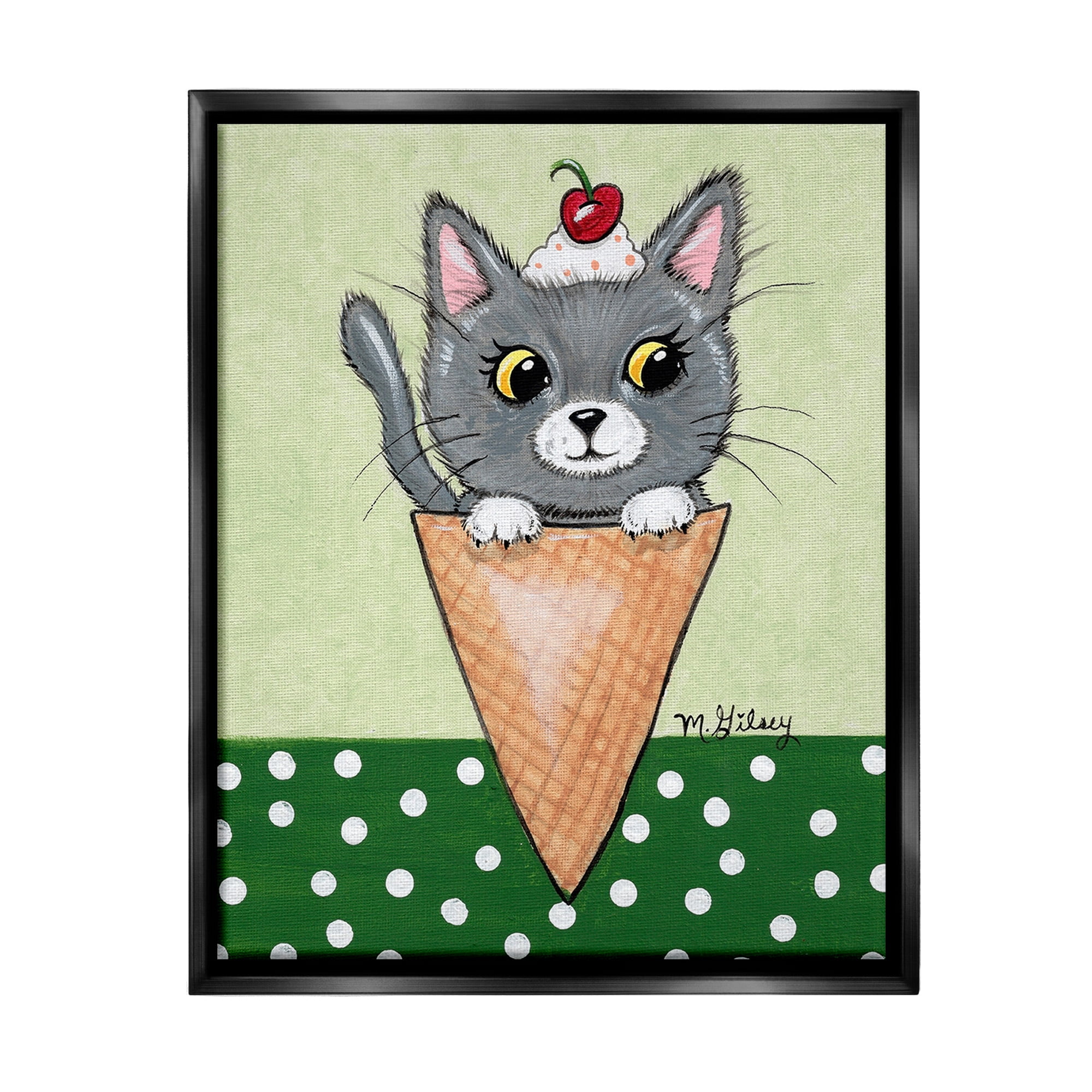 Stupell Industries Cat in Ice Cream Cone Animals & Insects Painting Black Floater Framed Canvas Art Print Wall Art, 17 x 21