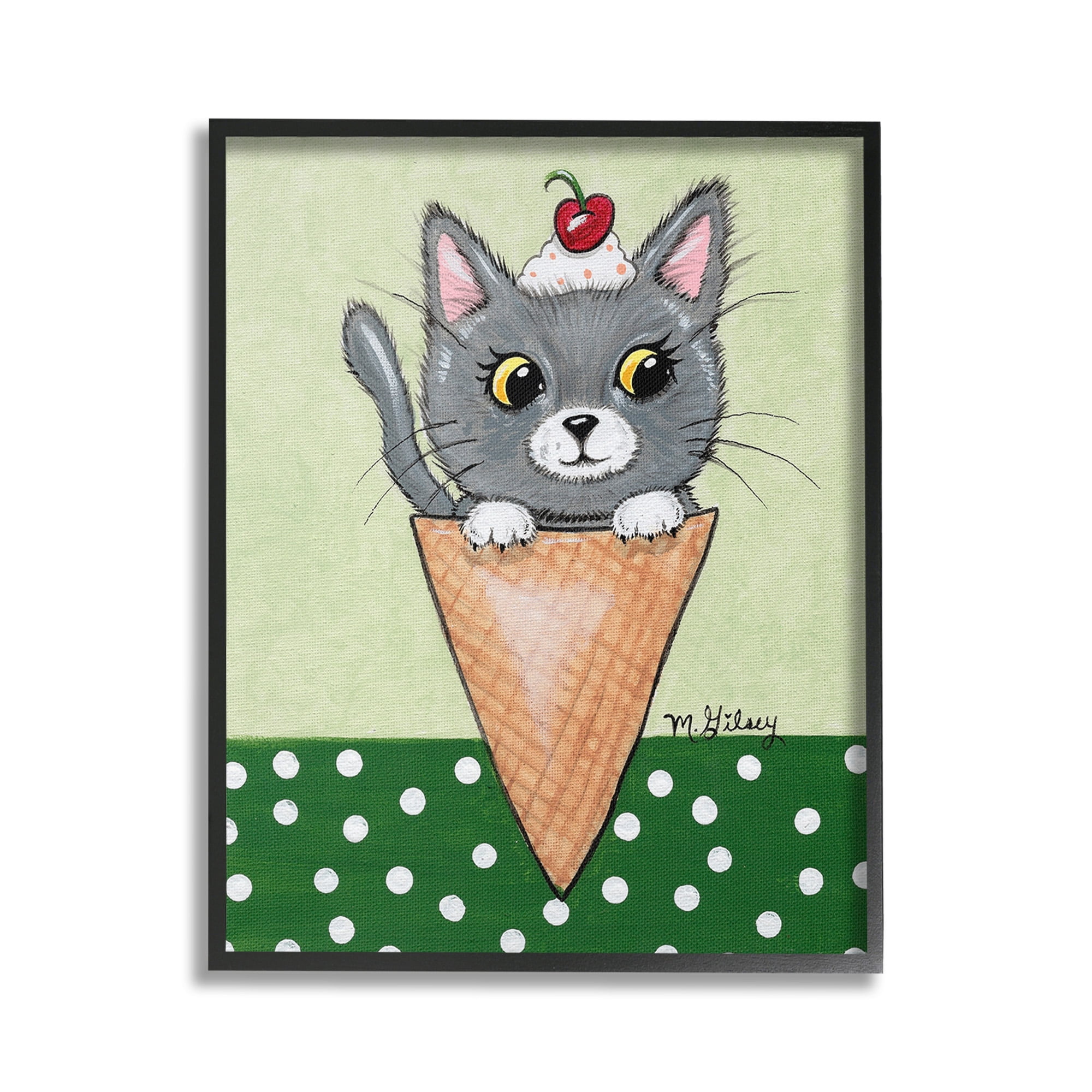 Stupell Industries Cat in Ice Cream Cone Animals & Insects Painting Black Framed Art Print Wall Art, 16 x 20