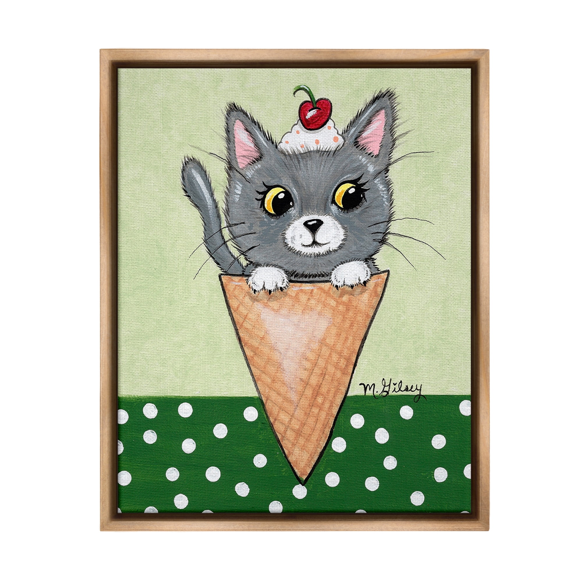 Stupell Industries Cat in Ice Cream Cone Animals & Insects Painting Brown Floater Framed Canvas Art Print Wall Art, 17 x 21