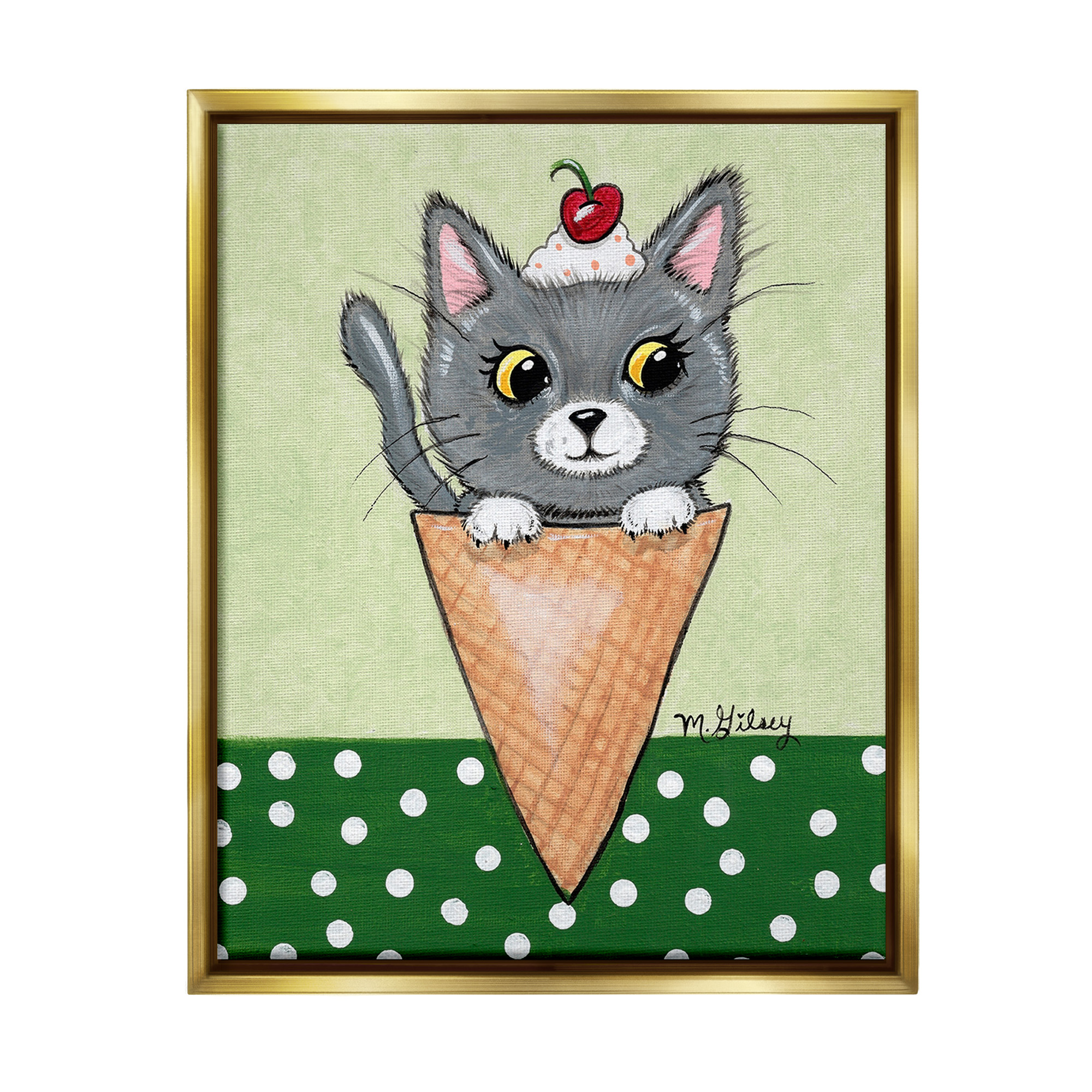 Stupell Industries Cat in Ice Cream Cone Animals & Insects Painting Gold Floater Framed Canvas Art Print Wall Art, 25 x 31