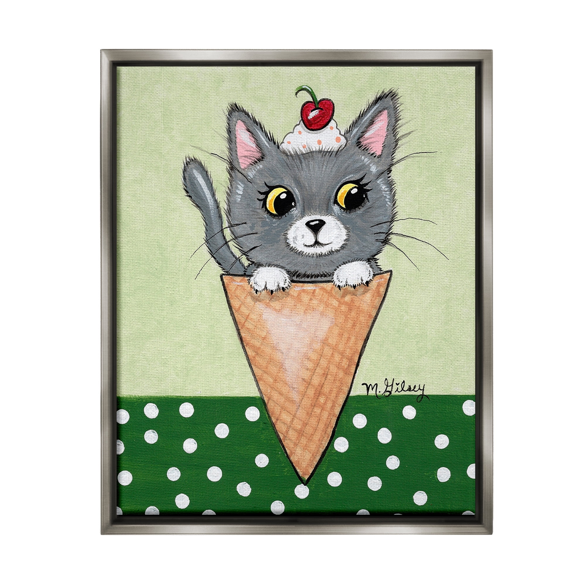 Stupell Industries Cat in Ice Cream Cone Animals & Insects Painting Gray Floater Framed Canvas Art Print Wall Art, 17 x 21