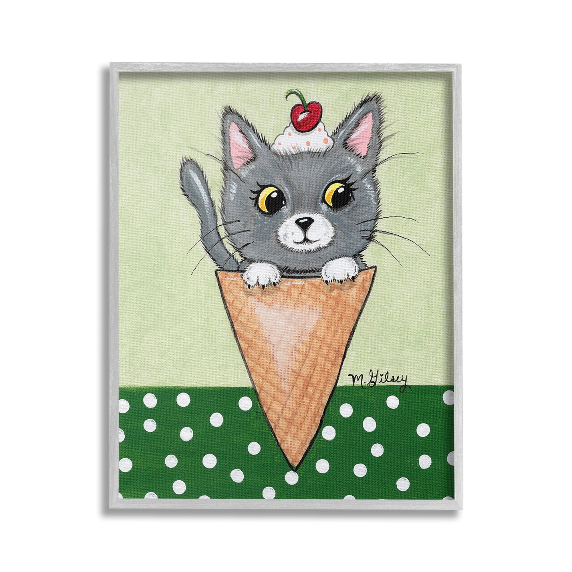 Stupell Industries Cat in Ice Cream Cone Animals & Insects Painting Gray Framed Art Print Wall Art, 24 x 30
