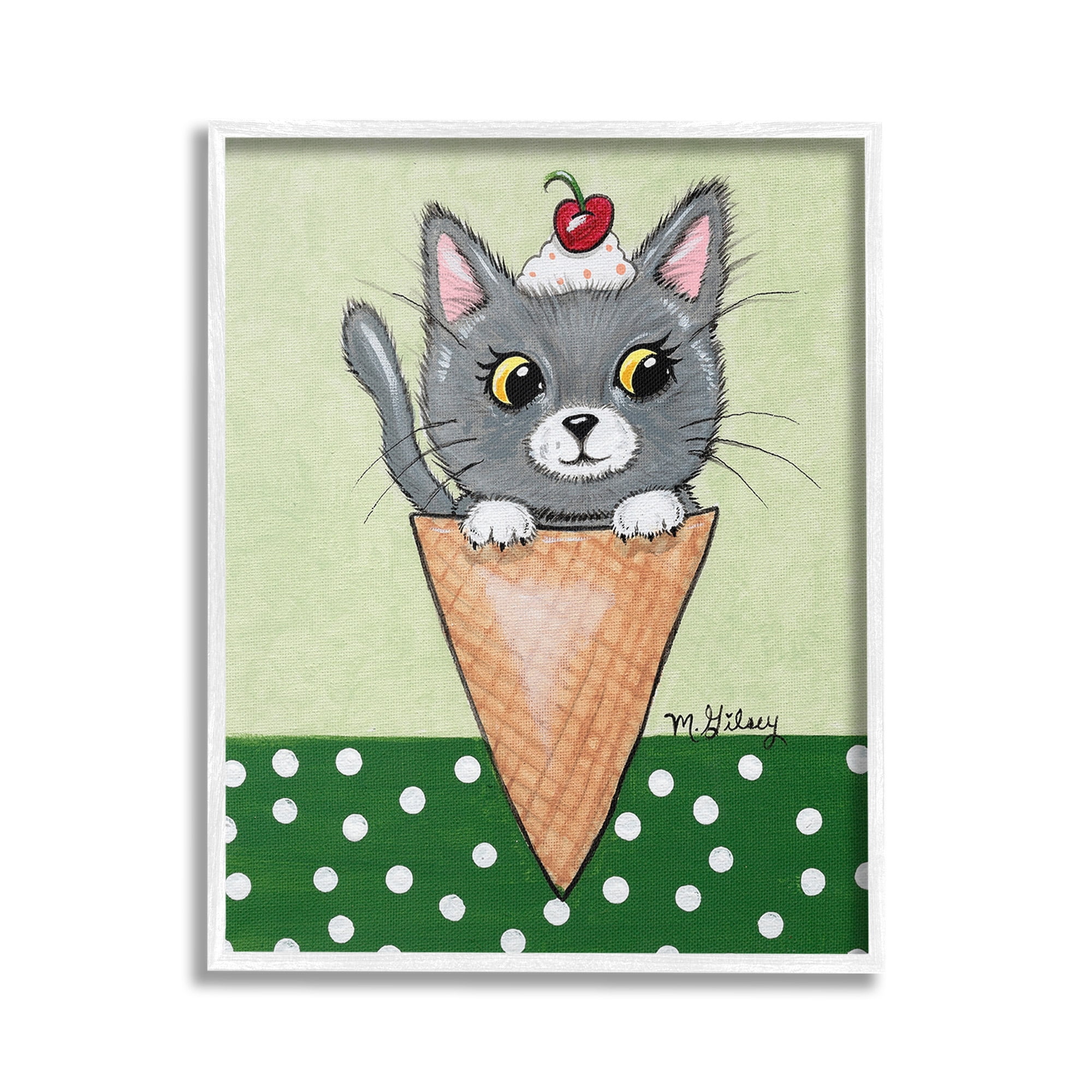 Stupell Industries Cat in Ice Cream Cone Animals & Insects Painting White Framed Art Print Wall Art, 24 x 30