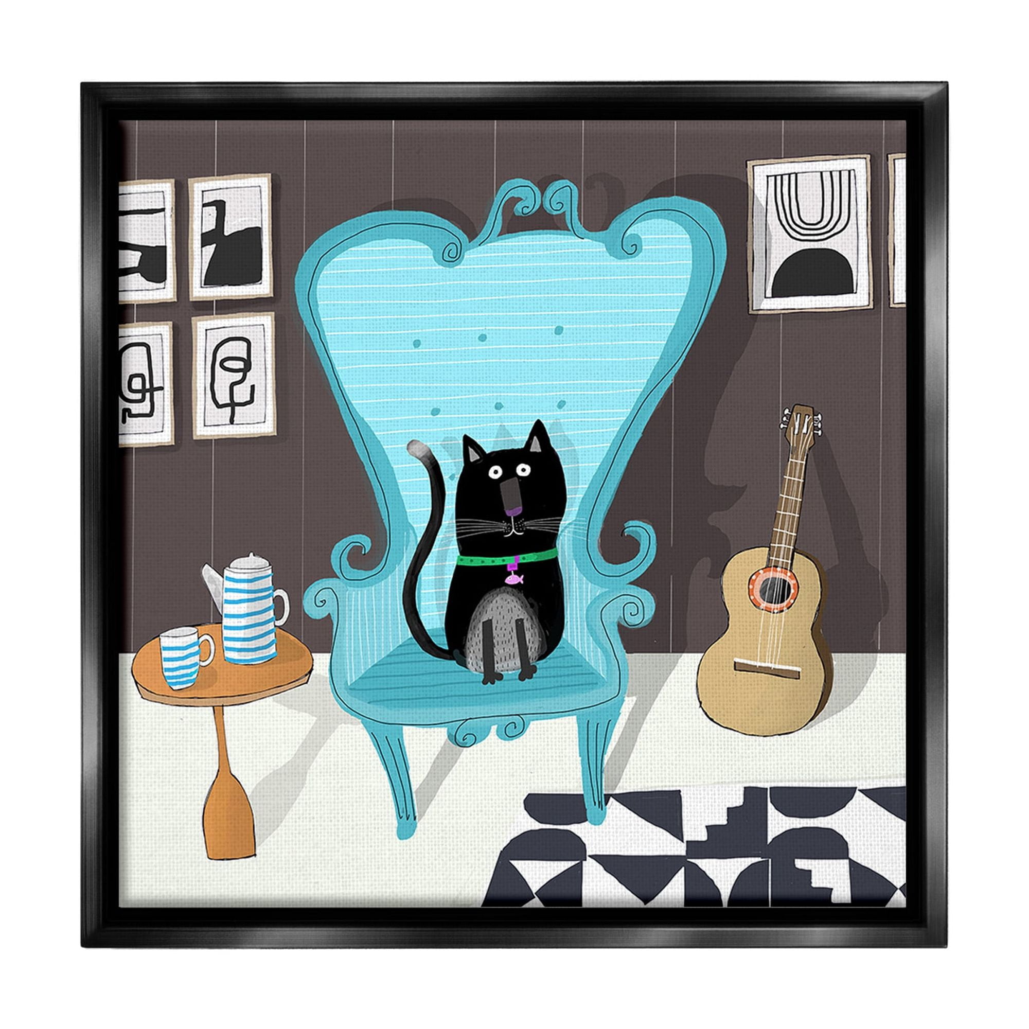 Stupell Industries Cat in Modern Room Animals & Insects Painting Black Floater Framed Canvas Art Print Wall Art, 25 x 25