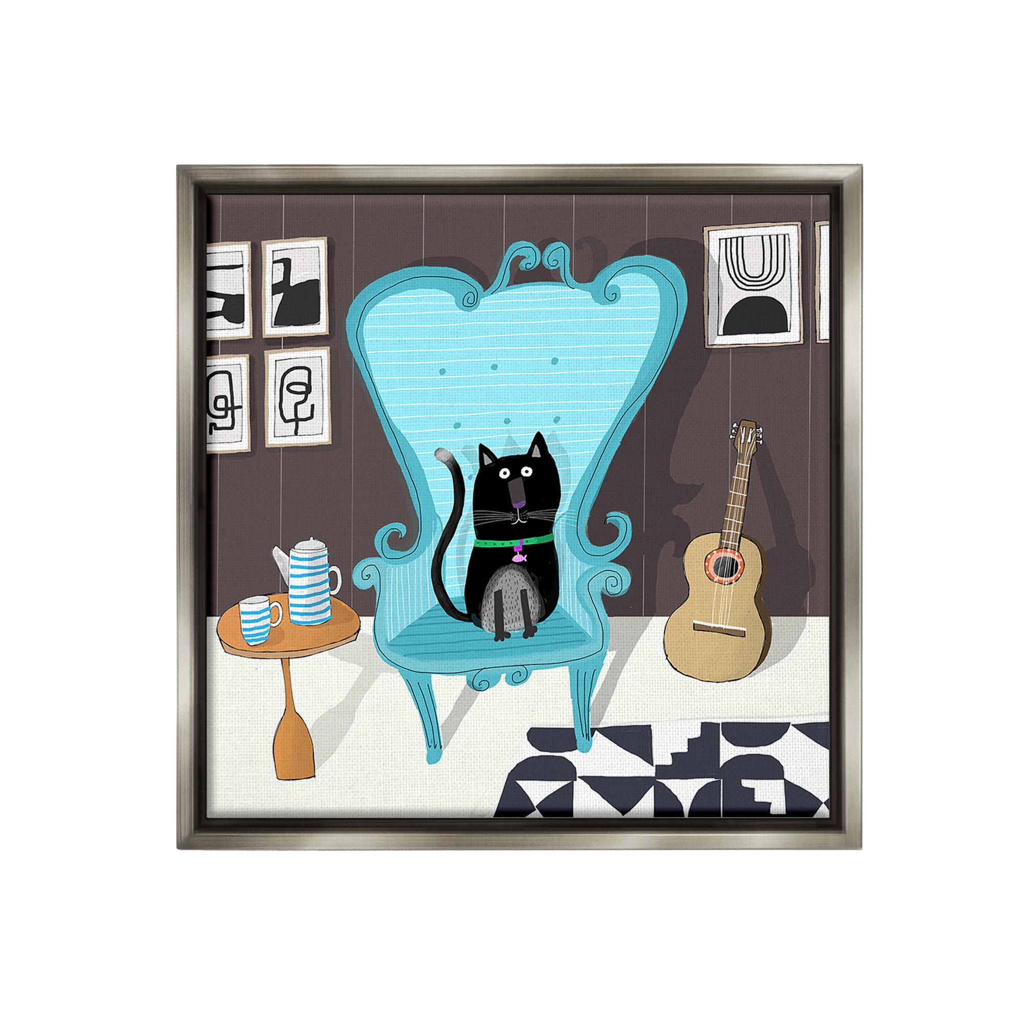 Stupell Industries Cat in Modern Room Animals & Insects Painting Gray Floater Framed Canvas Art Print Wall Art, 25 x 25