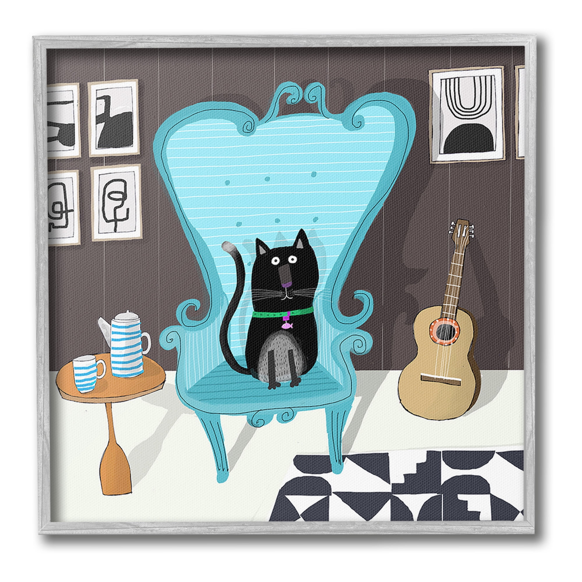 Stupell Industries Cat in Modern Room Animals & Insects Painting Gray Framed Art Print Wall Art, 12 x 12