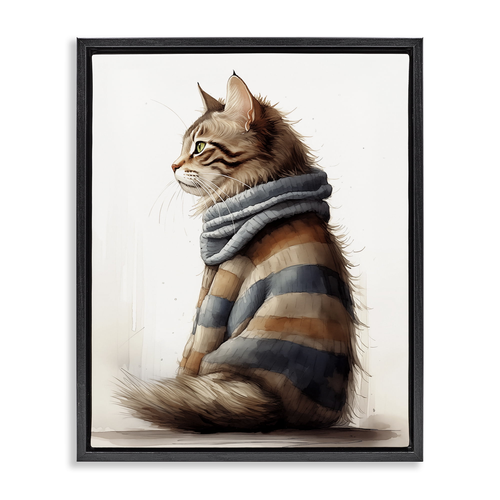 Stupell Industries Cat in Striped Sweater Animals & Insects Painting Black Floater Framed Canvas Art Print Wall Art, 25 x 31